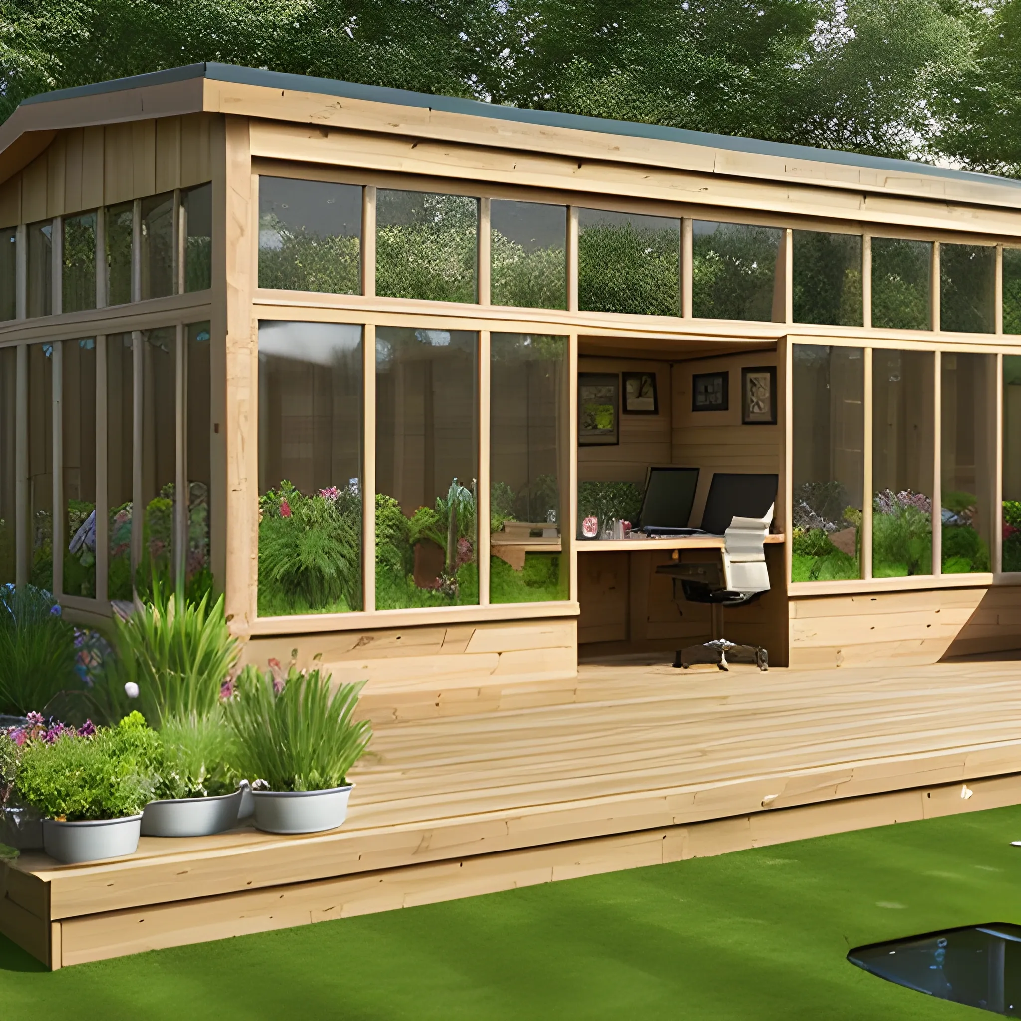 garden room, wood cladding, large bi-folding doors, decking, large pond, office desk and seating area, plants, flowers, sunshine, 3D