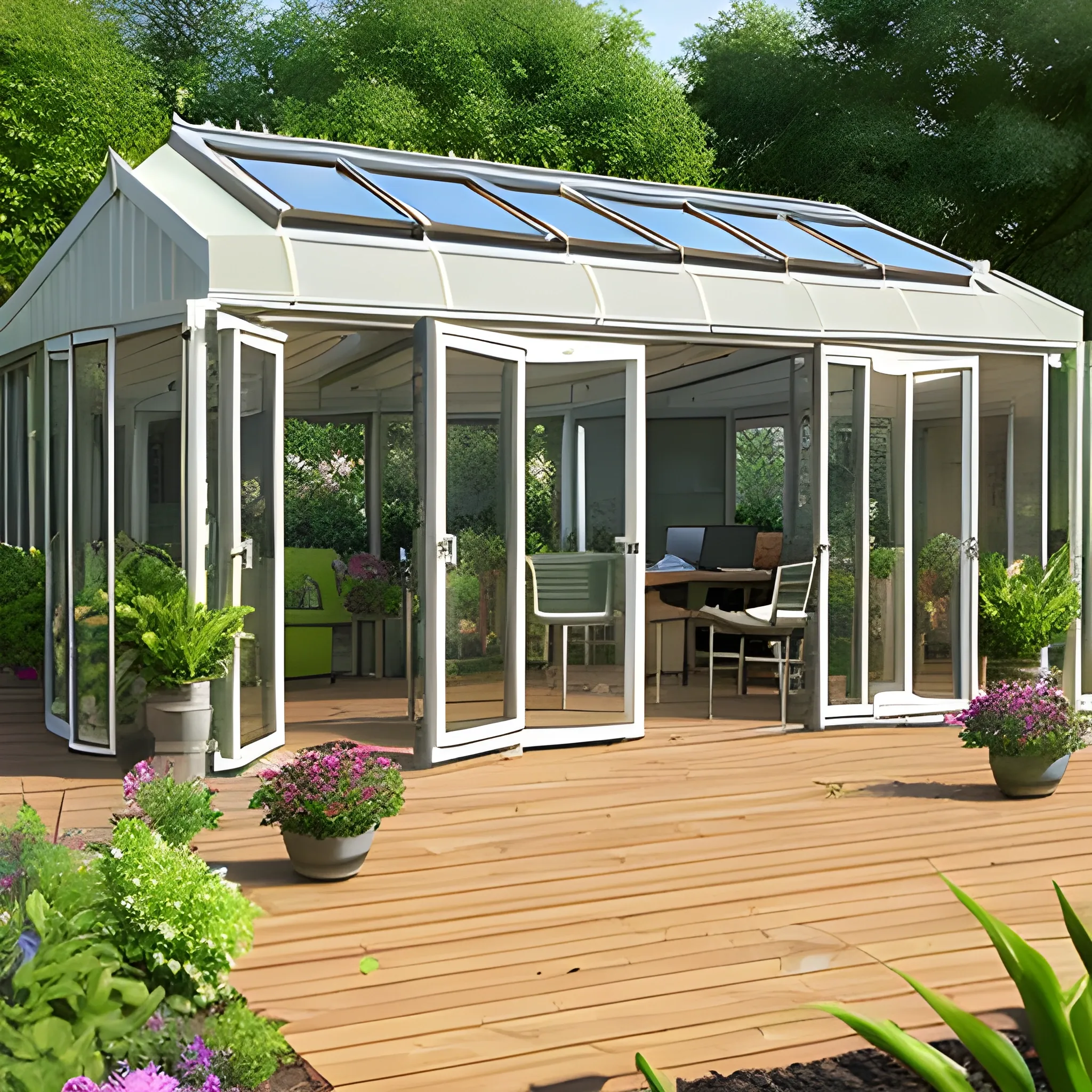 garden room, bi-folding doors, overhanging roof, decking, large pond, office desk and seating area, plants, flowers, sunshine, 3D