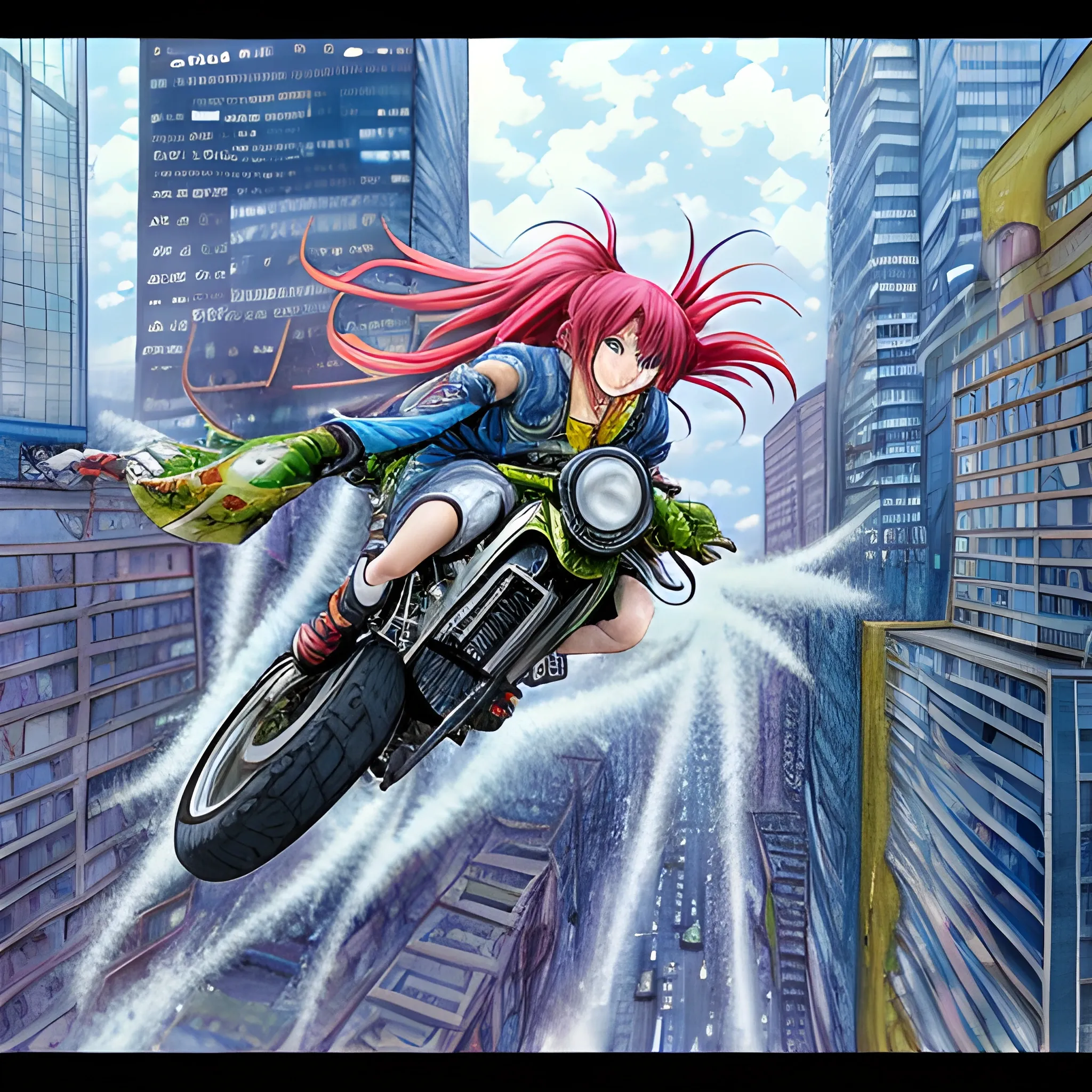 Lifelike image of Ringo Noyamano from Air Gear in action, using Air Trecks to navigate the urban skyline, emphasis on her skillful maneuvers and the vibrant energy of the scene, high detail and realism, Water Color