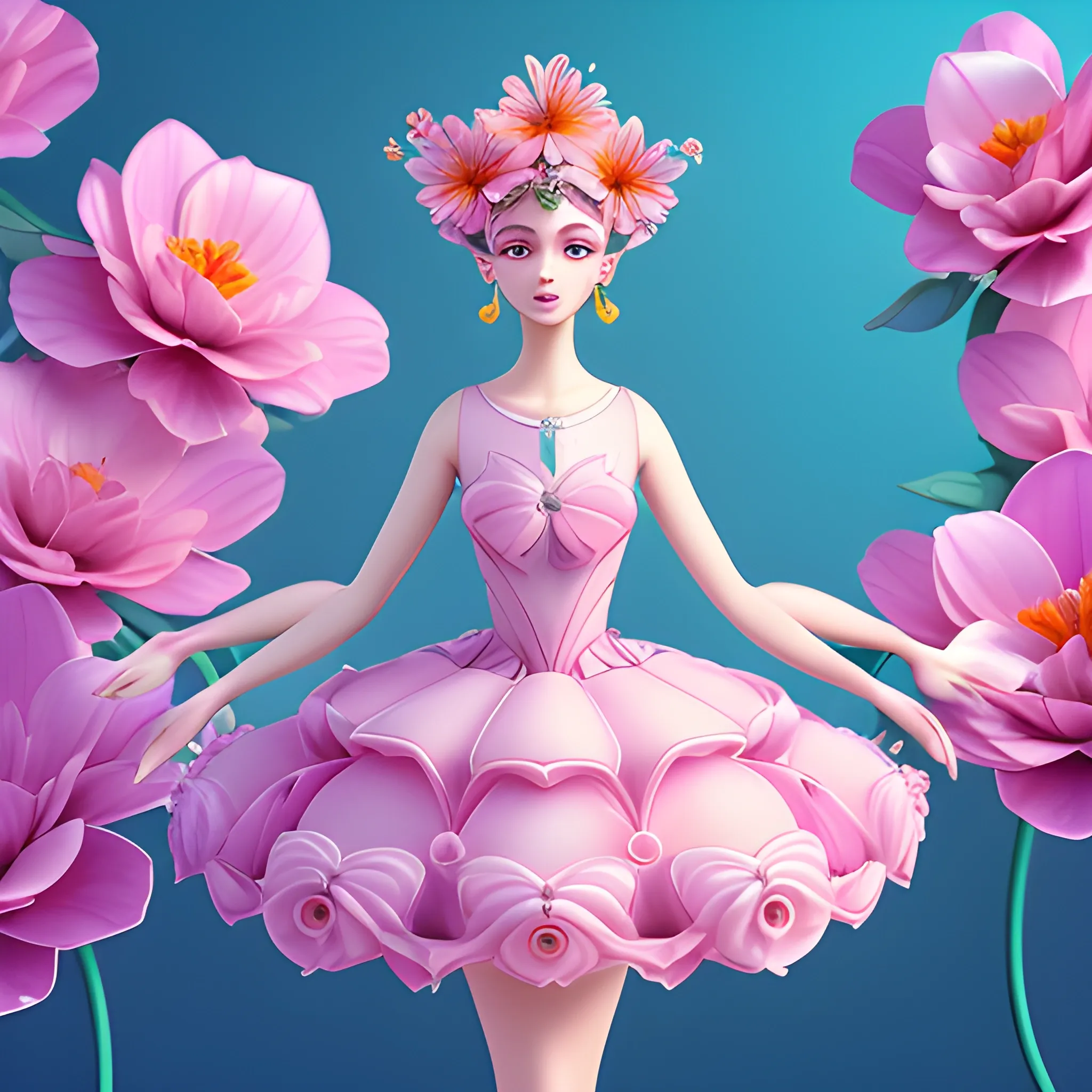 3D cartoon style rendering, the beauty is standing on the flower, the facial details are perfect, and the character details are exquisite. Panoramic view, large aperture, trendy fashion clothes, trendy portraits, bright colors, pop Mart production, delicate gloss, clean background, 8K gradient translucent glass melt, frosted glass