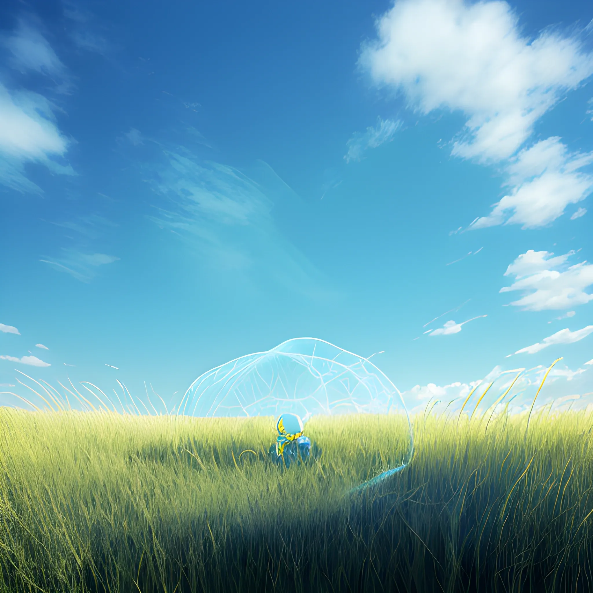 liminal space of microsoft loading page, endless blue sky, short grass, photograph, 3D