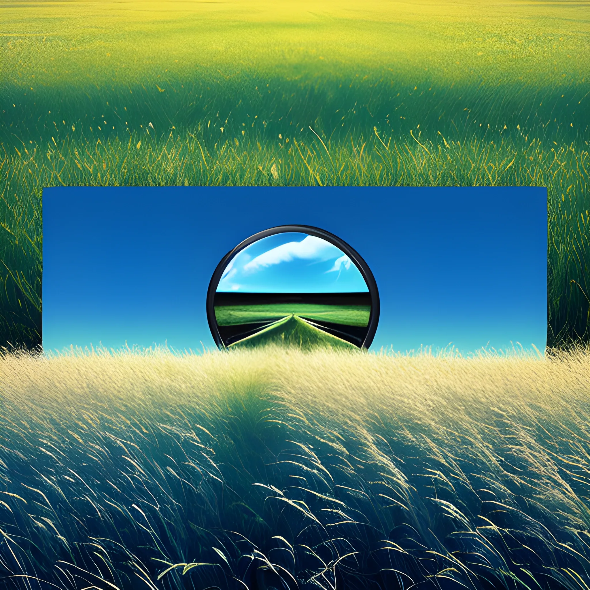 liminal space of microsoft loading page, endless blue sky, short grass, photograph, Trippy