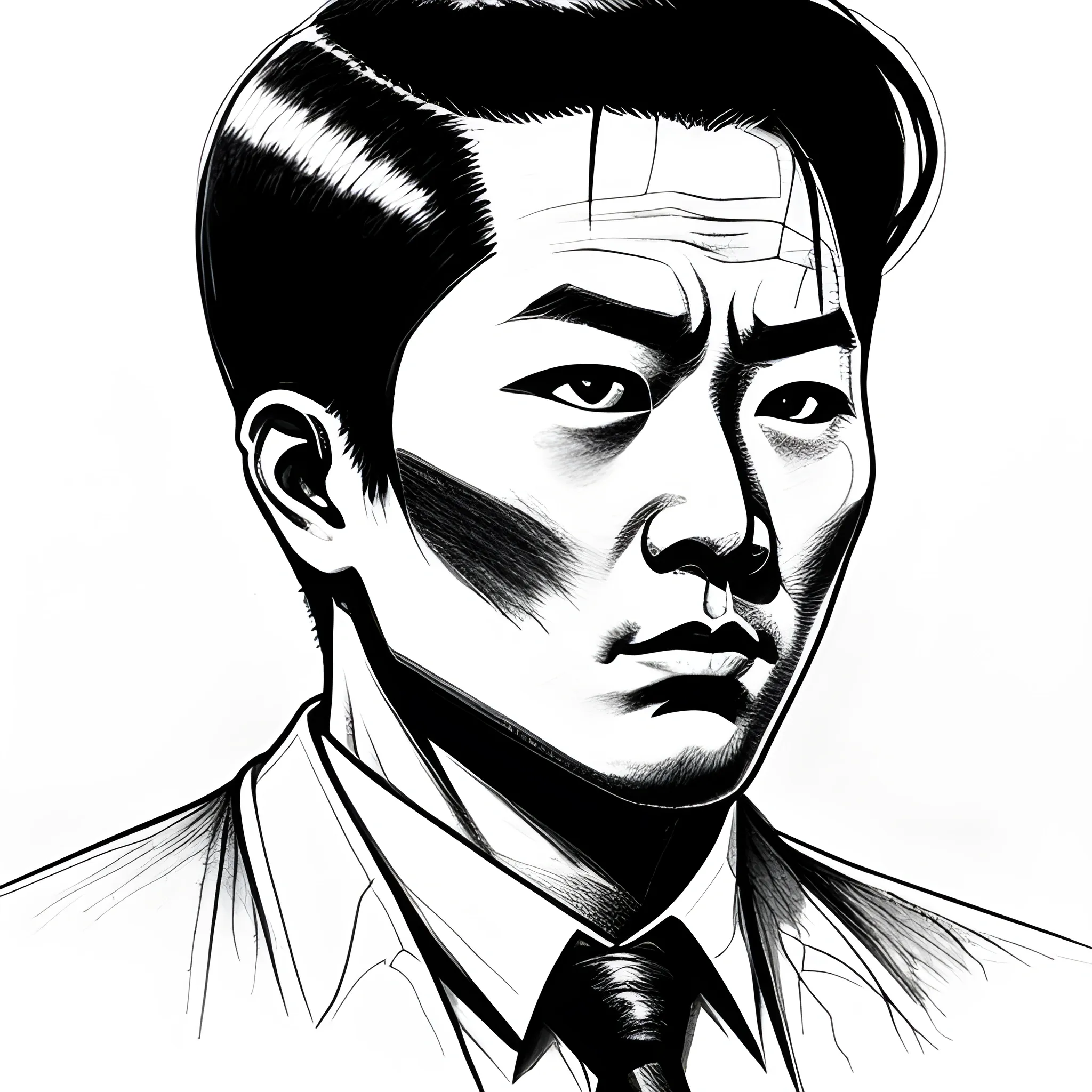 Noir, Pen Sketch, Detective, Headshot, Asian.