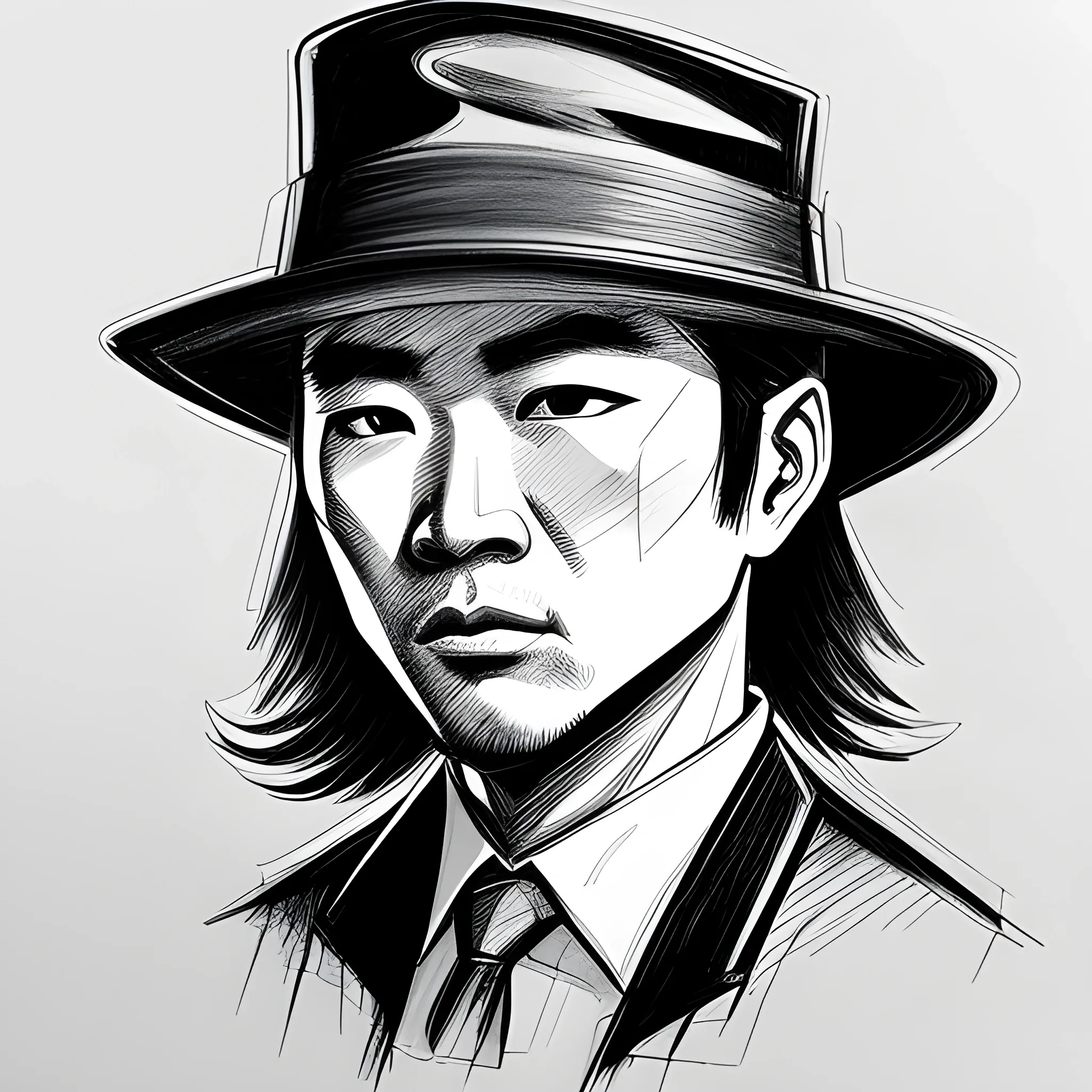Noir, Pen Sketch, Detective, Headshot, Asian, Hat.