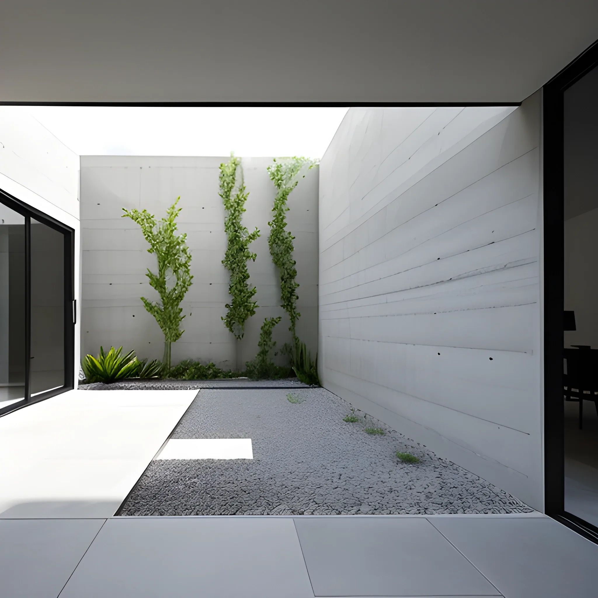 Small irregular courtyard with 2 sides of a concrete wall with random openings or openings of different sizes and heights through which the sun's rays enter and another 2 sides through floor-to-ceiling windows through which the silhouette of people inside can be guessed.