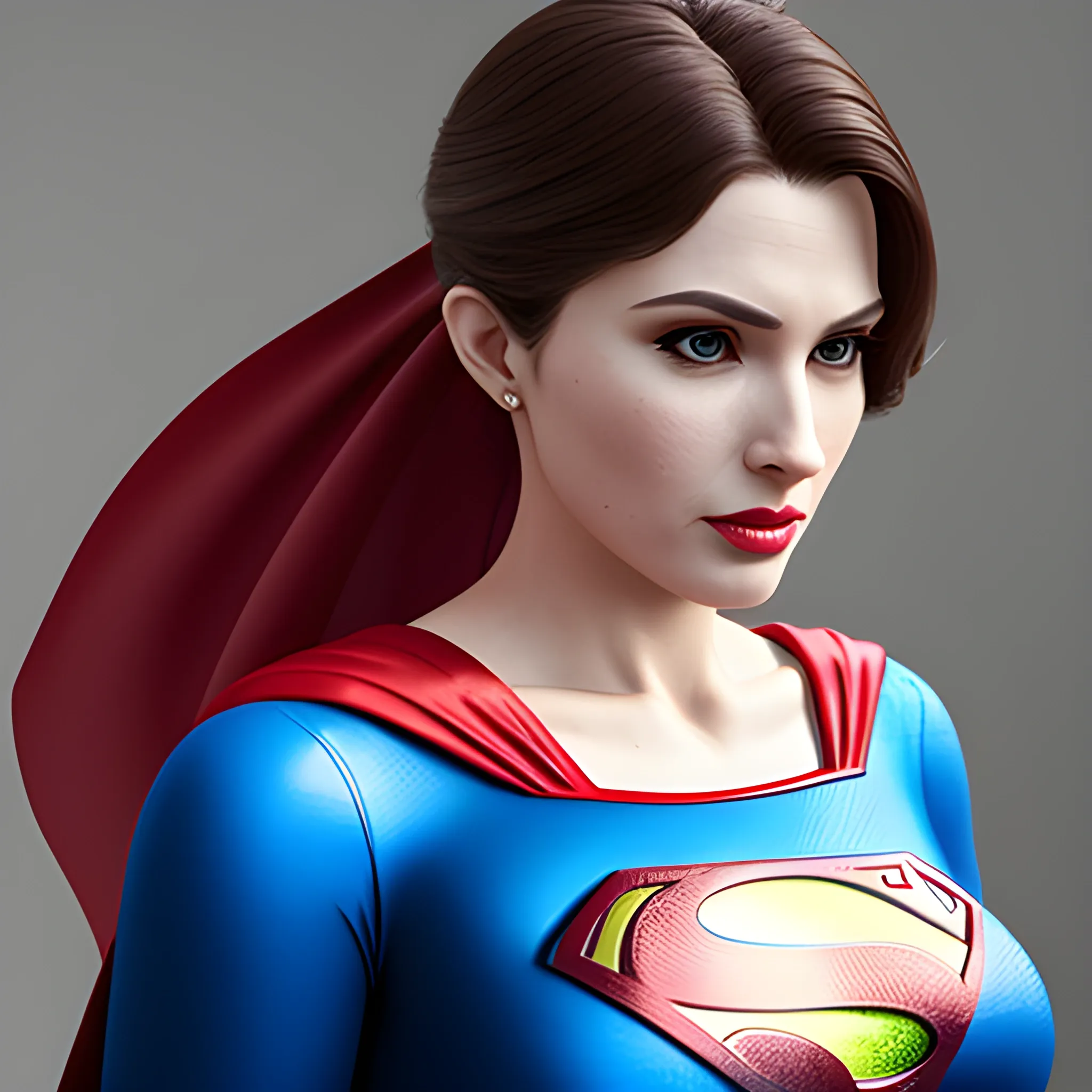 An elegant lady wearing a Superman costume, eye-catching detail, realistic ultra-detailed, in shot clothes, 3D