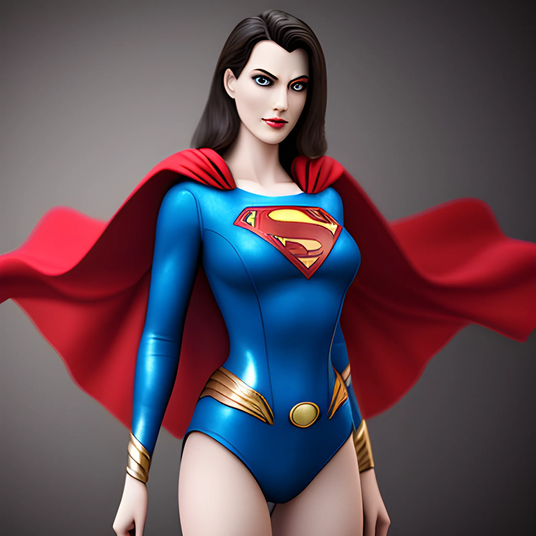 An elegant lady wearing a Superman costume, eye-catching detail, realistic ultra-detailed, in shot clothes, 3D, full body
