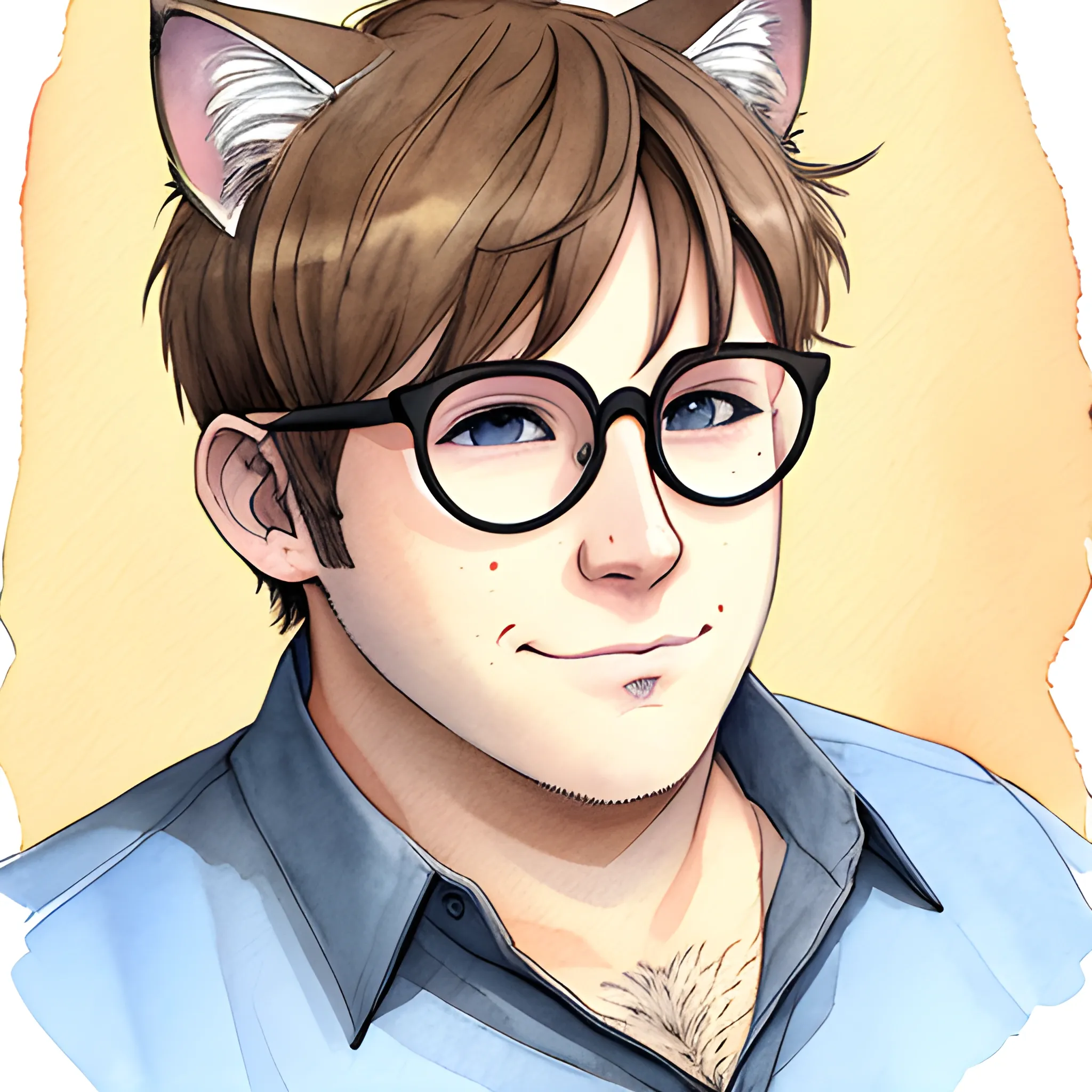 catboy, chubby, chest hair, round glasses, brown hair, Water Color, cat ears, Water Color