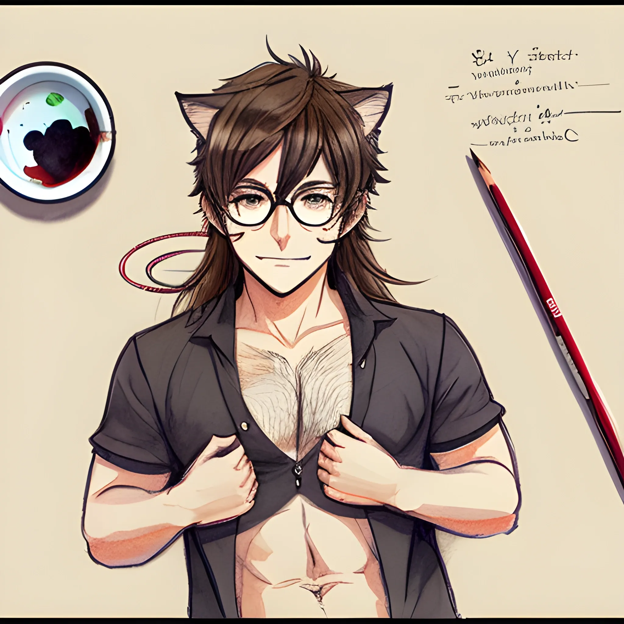 catboy, chubby, chest hair, round glasses, dark brown hair, long hair, Water Color, cat ears, full body, soft skin, Pencil Sketch, submissive