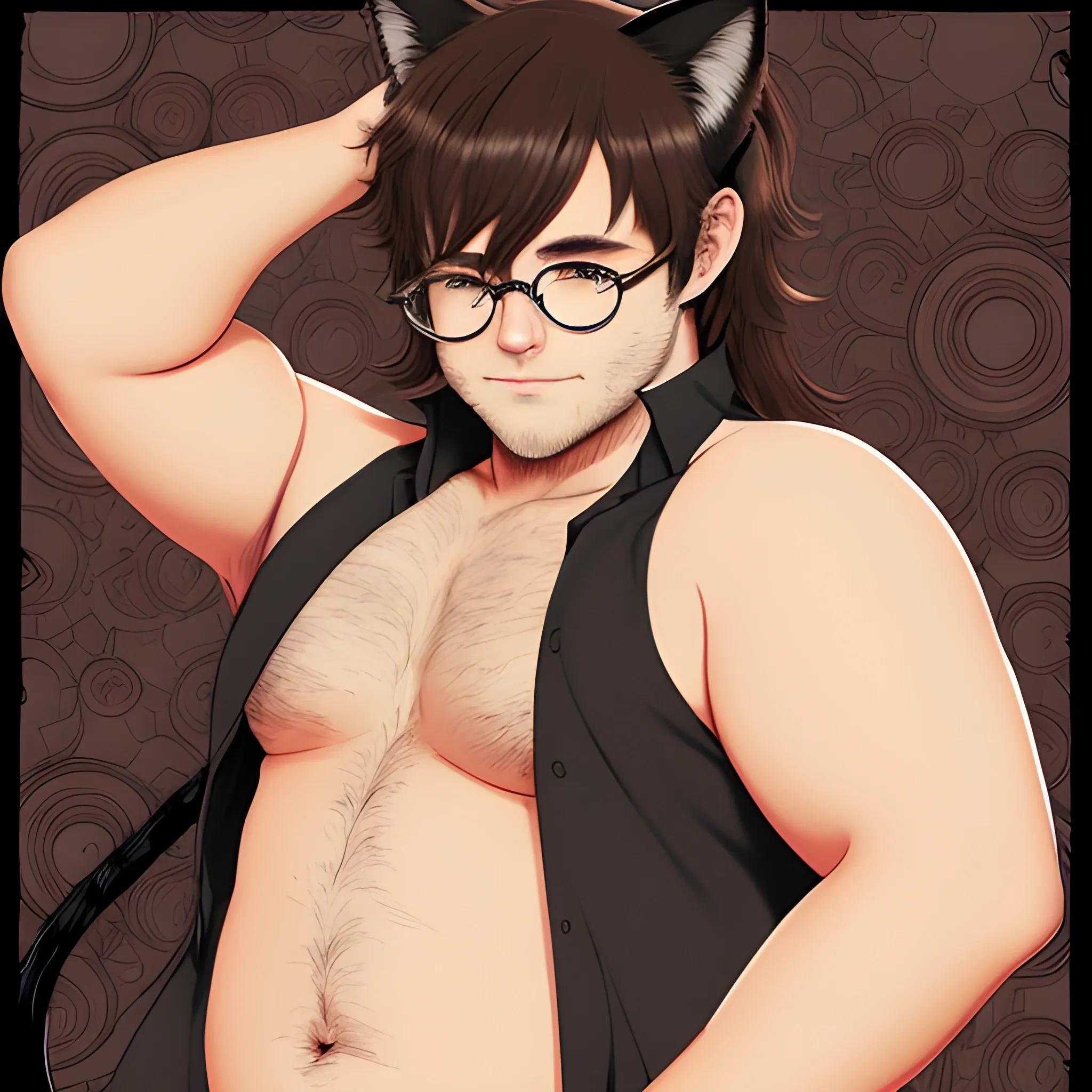 catboy, chubby, chest hair, round glasses, dark brown hair, long hair, cat ears, cat tail, full body, soft skin, submissive, seductive, , Trippy