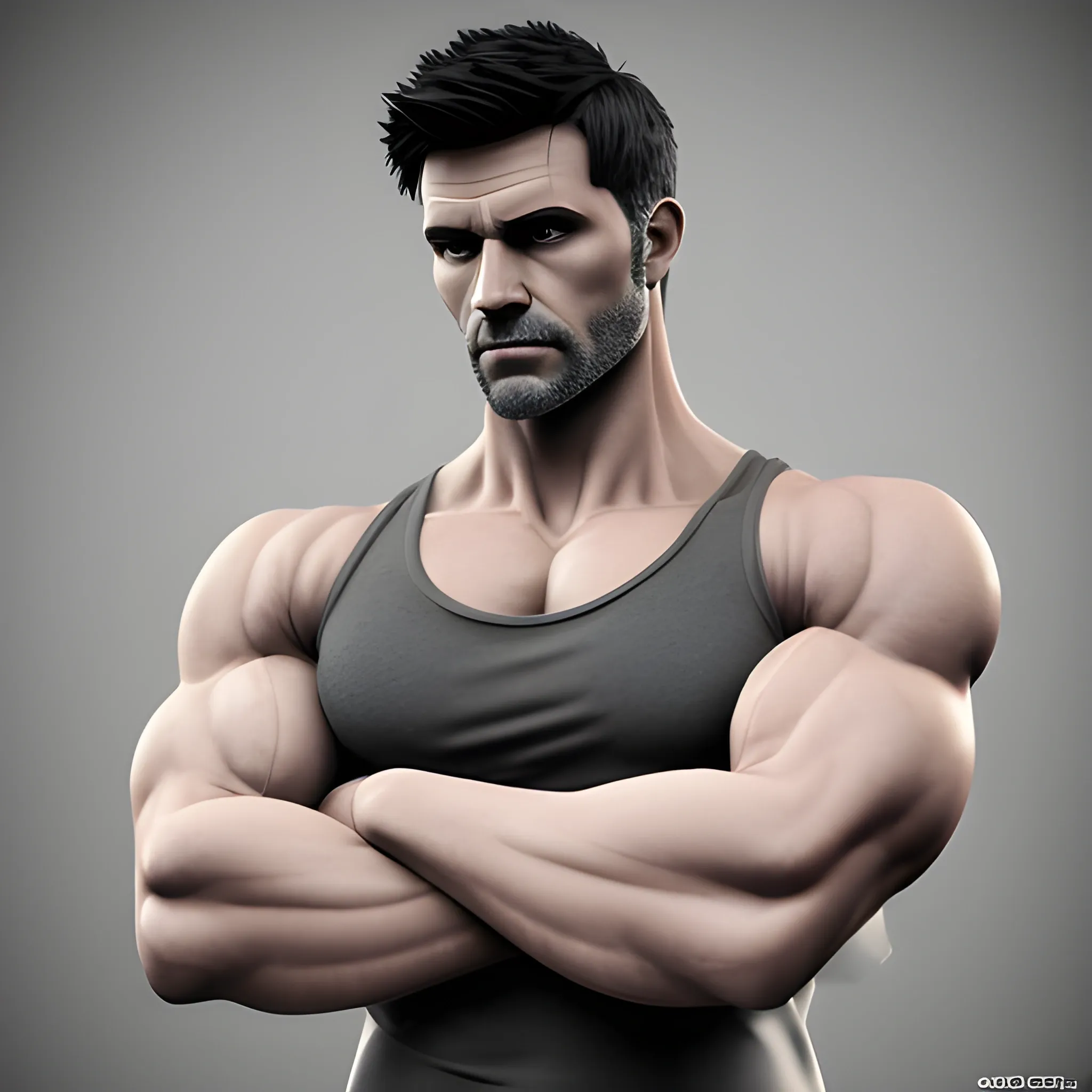 handsome man, greyish black short hair, well built body, muscled, crossed arms, white tank top, realistic model, skin texture, veiny hands, 40 years old, 3D