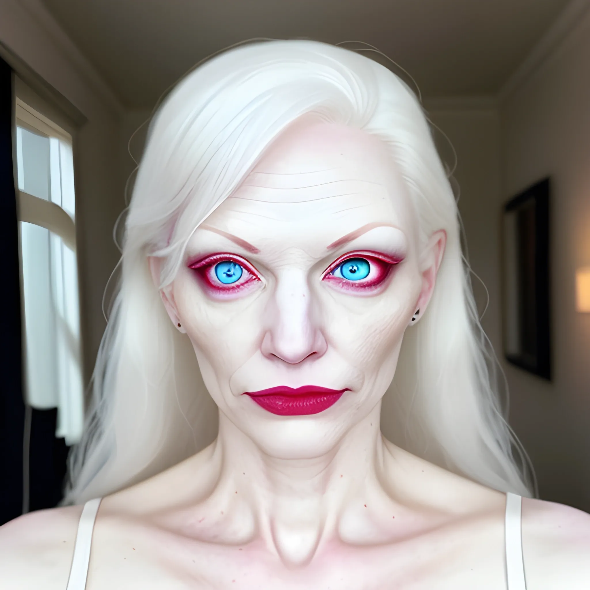 albino girl, white pupils, blurry

