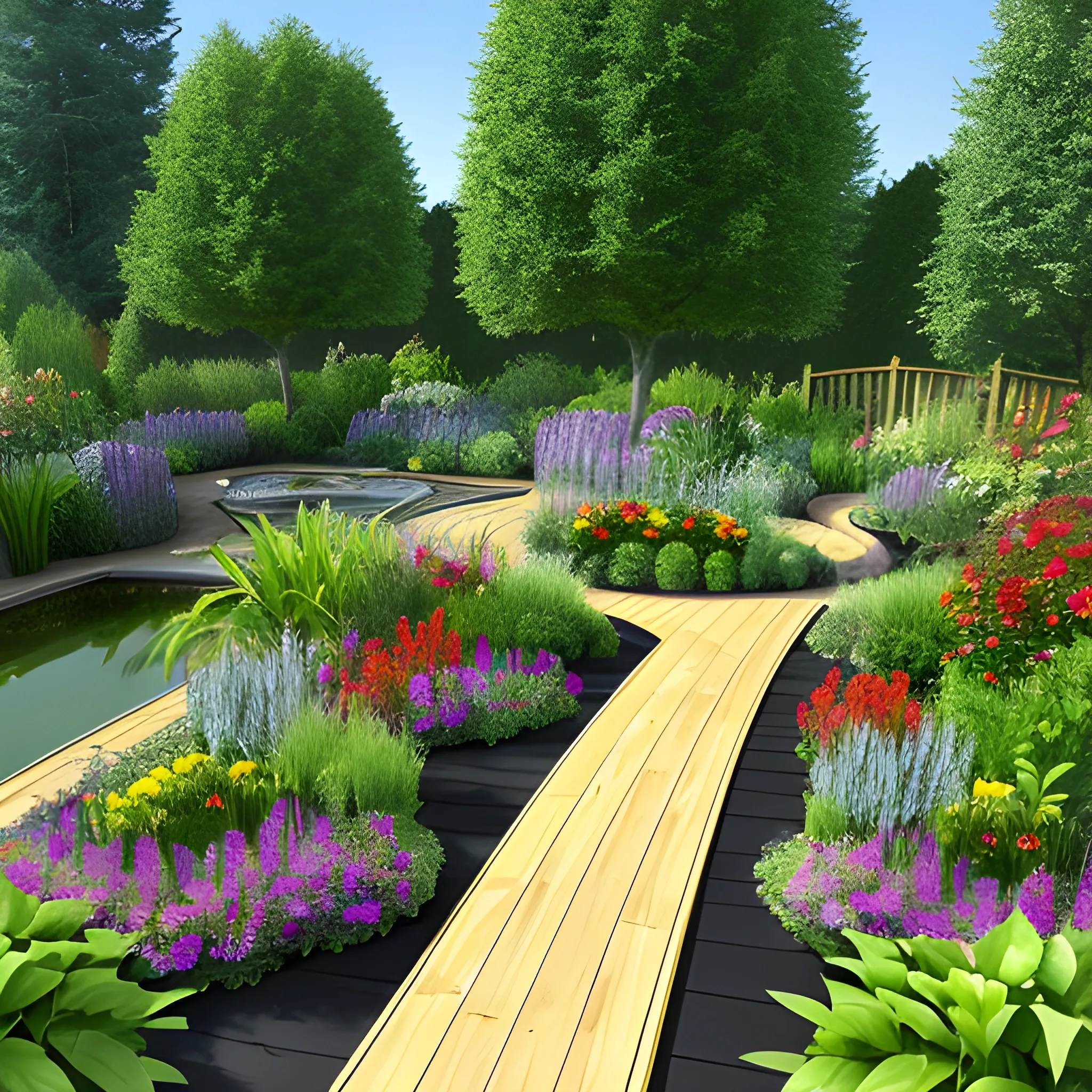 garden with a wooden decking path that winds through plants and a pond, sunshine, small trees, flowers, 3D