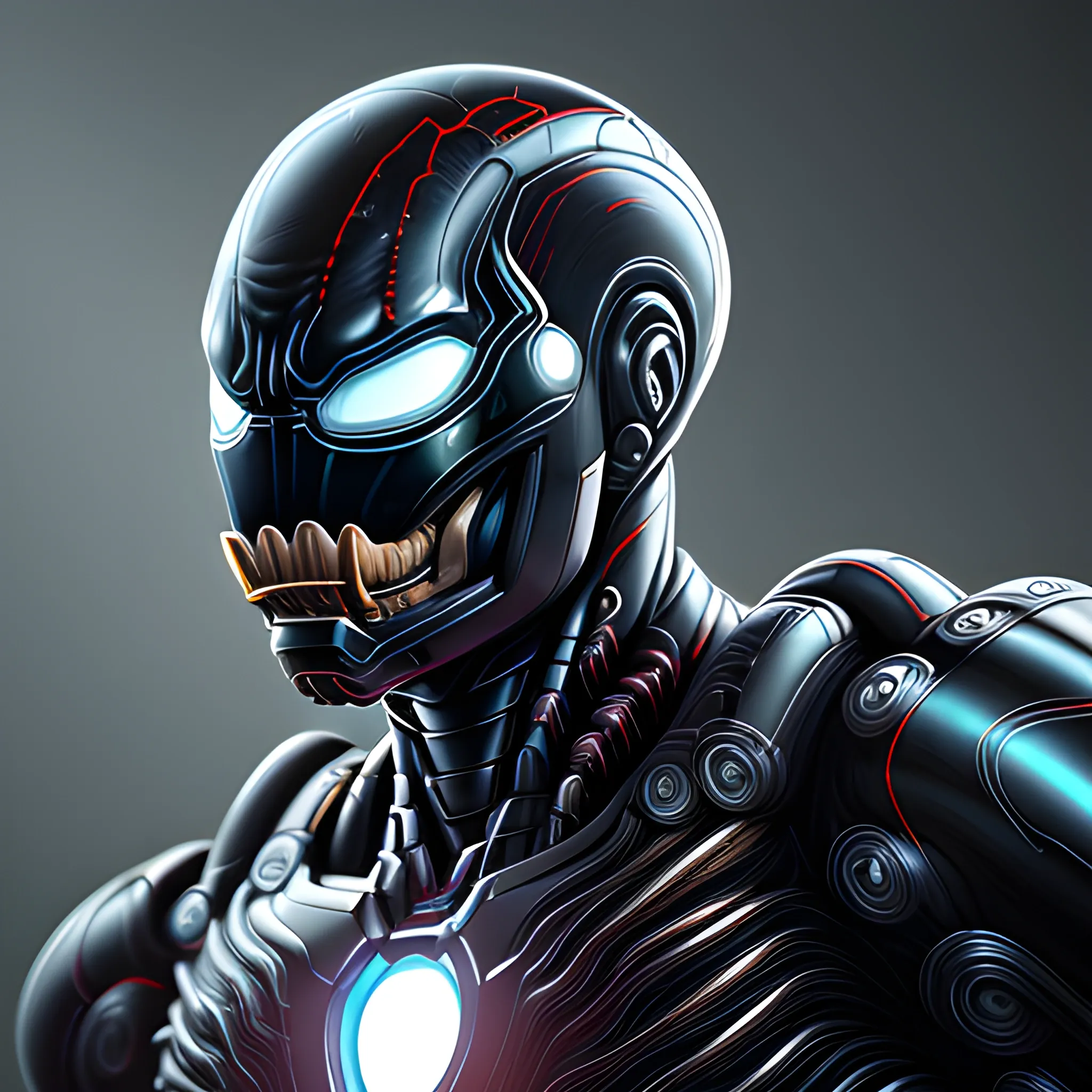  A detailed and intricate digital art piece in a cinematic style, this ultra high resolution portrait of a powerful venom alien beast is a true masterpiece use ironman suit black version. The beautiful lighting and playful design make it a trend-setter on ArtStation. A true award-winning work., 