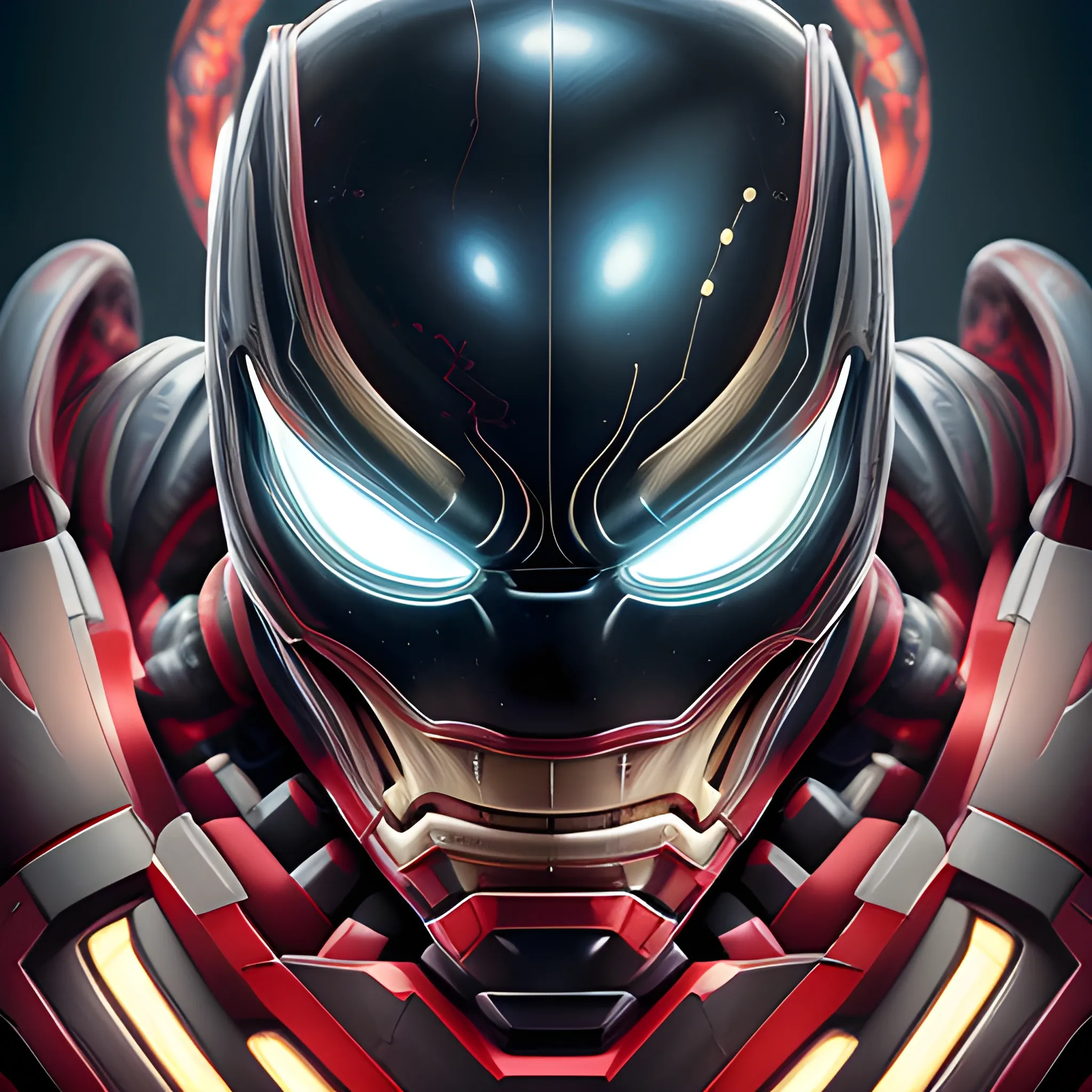  A detailed and intricate digital art piece in a cinematic style, this ultra high resolution portrait of a powerful venom alien beast is a true masterpiece use ironman suit black version. The beautiful lighting and playful design make it a trend-setter on ArtStation. A true award-winning work., 