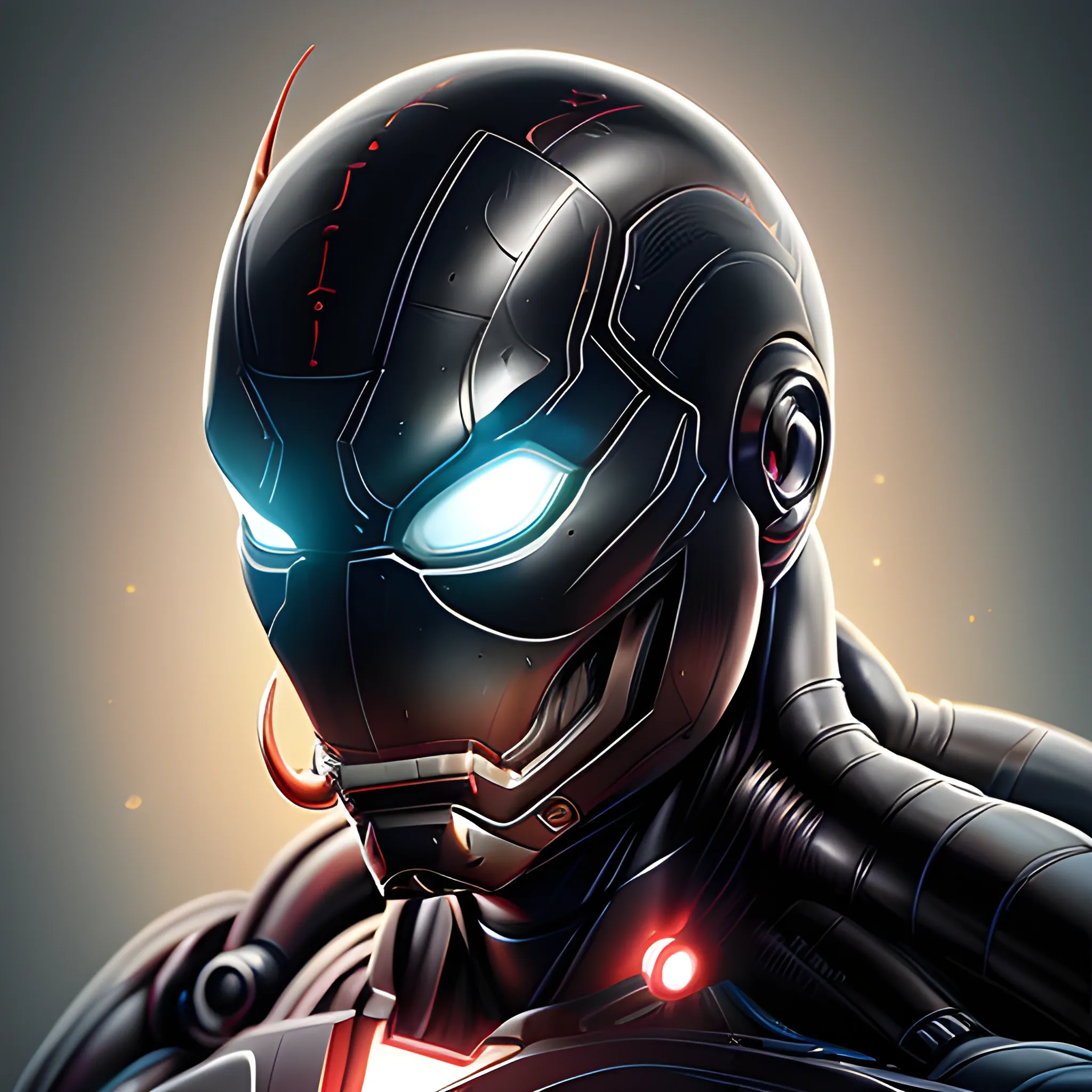  A detailed and intricate digital art piece in a cinematic style, this ultra high resolution portrait of a powerful venom alien beast is a true masterpiece use ironman suit black version. The beautiful lighting and playful design make it a trend-setter on ArtStation. A true award-winning work., 