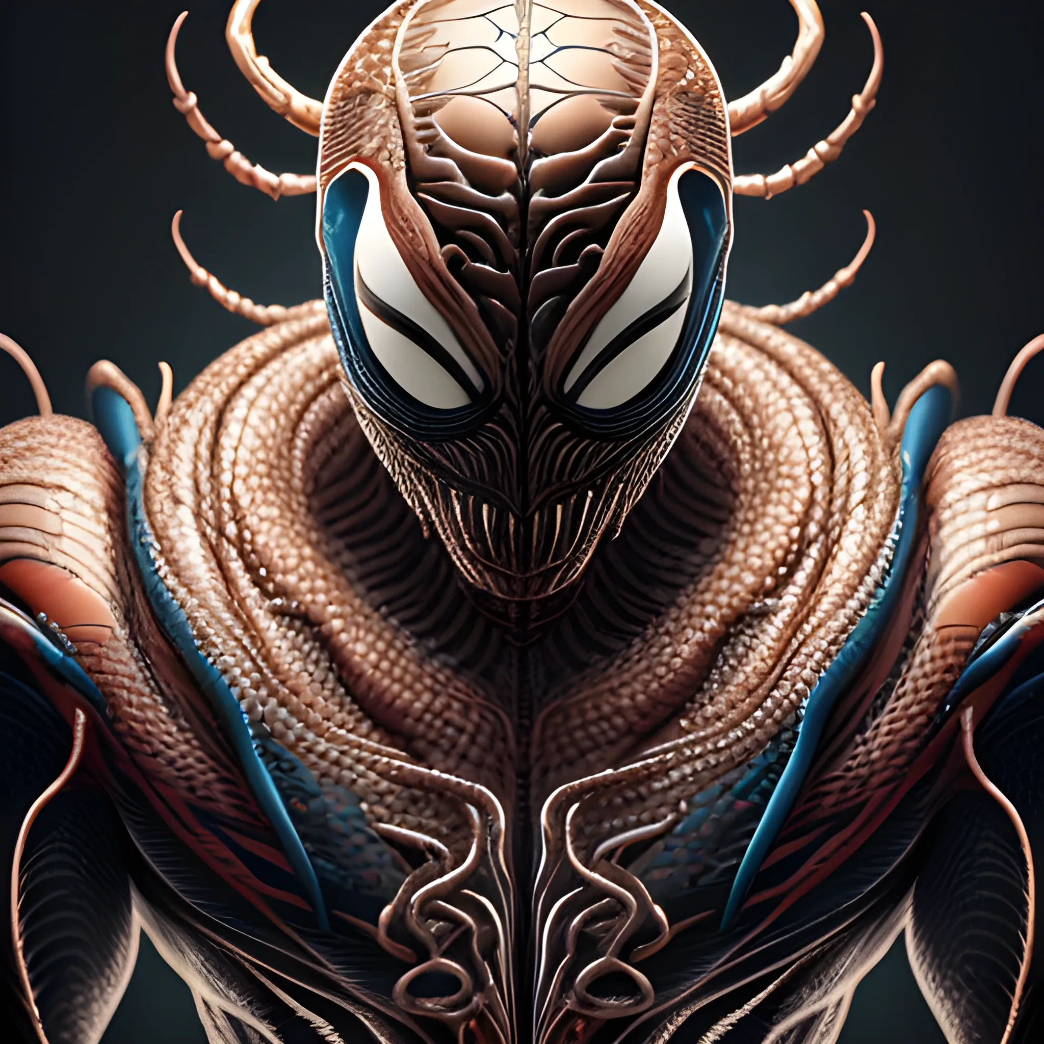  A detailed and intricate digital art piece in a cinematic style, this ultra high resolution portrait of a powerful venom alien beast is a true masterpiece use begita suit spidy version. The beautiful lighting and playful design make it a trend-setter on ArtStation. A true award-winning work., close up
