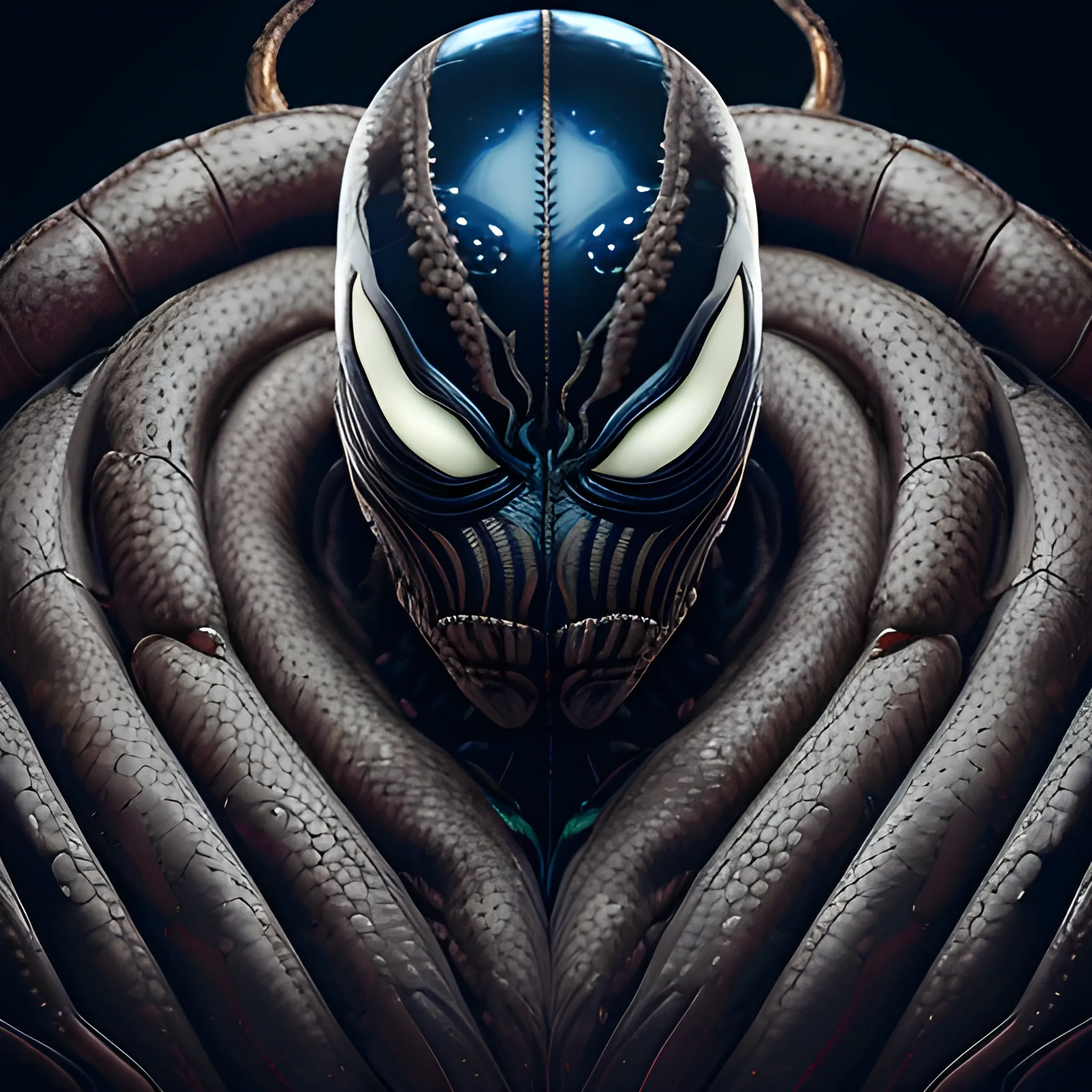  A detailed and intricate digital art piece in a cinematic style, this ultra high resolution portrait of a powerful venom alien beast is a true masterpiece use capten marvel suit spidy version. The beautiful lighting and playful design make it a trend-setter on ArtStation. A true award-winning work., close up
