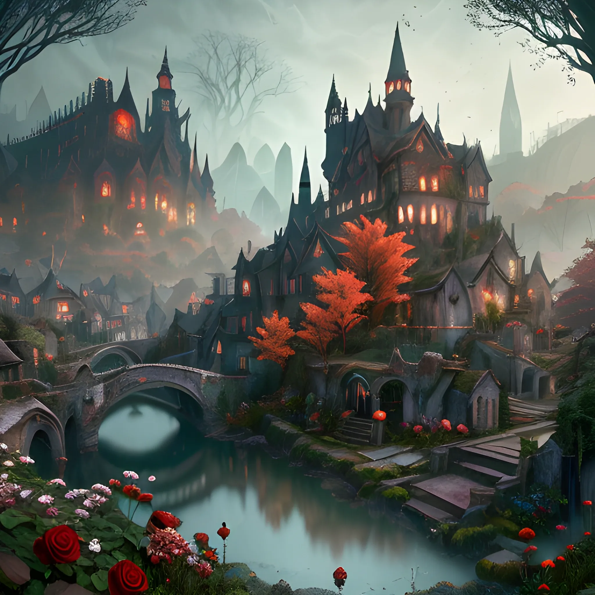 masterpiece, perspective, curious old secret village in a dark old wood, cascading buildings, red roses in the sunlight, mountains in the far background, animation art, dark fantasy, overgrown with lush vegetation, cinematic, smooth, detailed, hyperrealism, very small aperture, clear reflection, post production, post-processing, 8k, retouch, HDR, Super-Resolution, Soft Lighting, Ray Tracing Global Illumination, Lumen Reflections, pastel color palette, art deco, Bloodborne feeling
