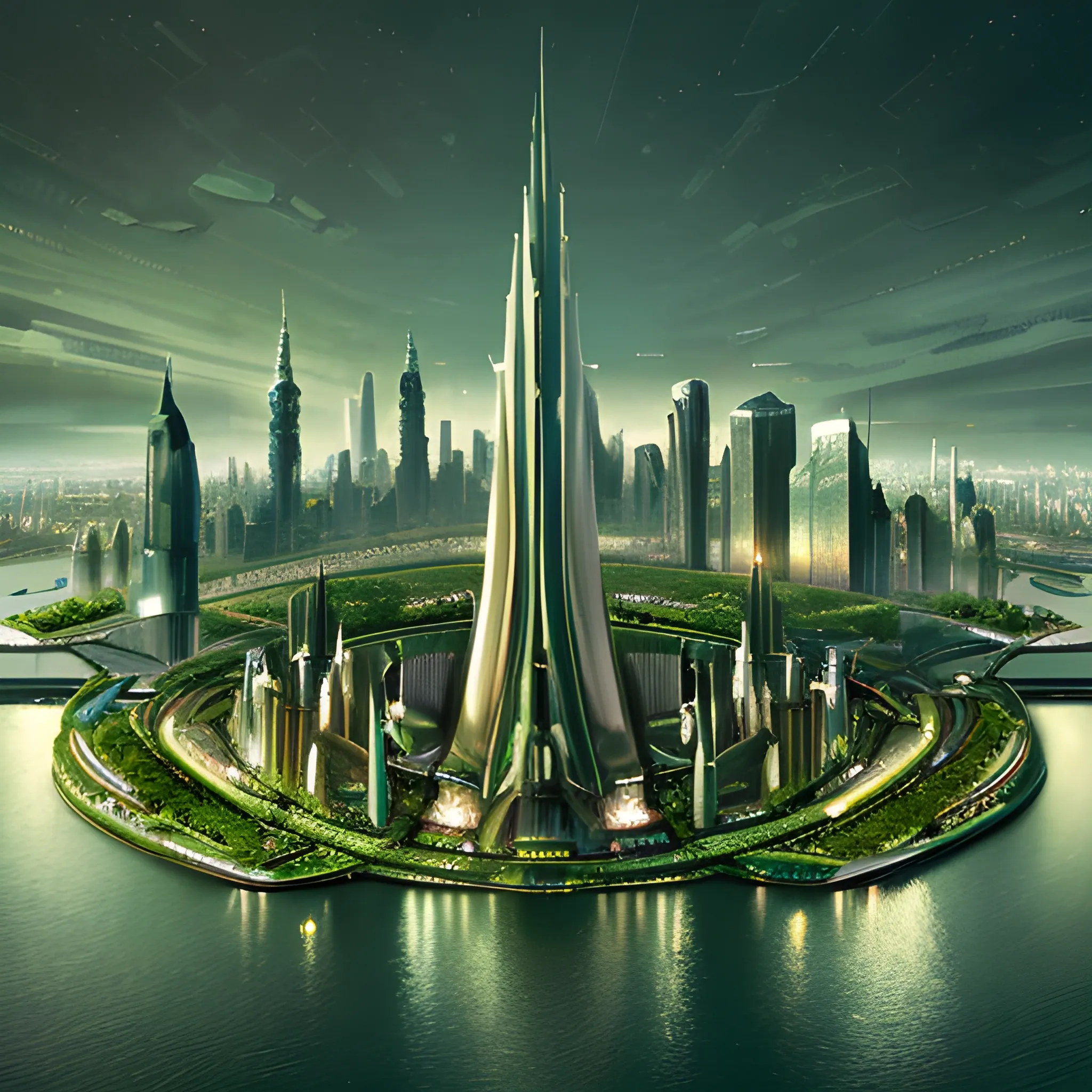 Main space city with spire style buildings, matrix style green tones, cityscape of bridges and canals, surreal, ultra high quality