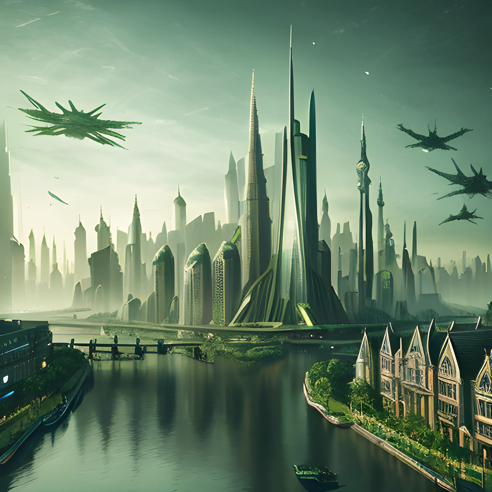 Main space city with spire style buildings, matrix style green tones, cityscape of bridges and canals, surreal, ultra high quality