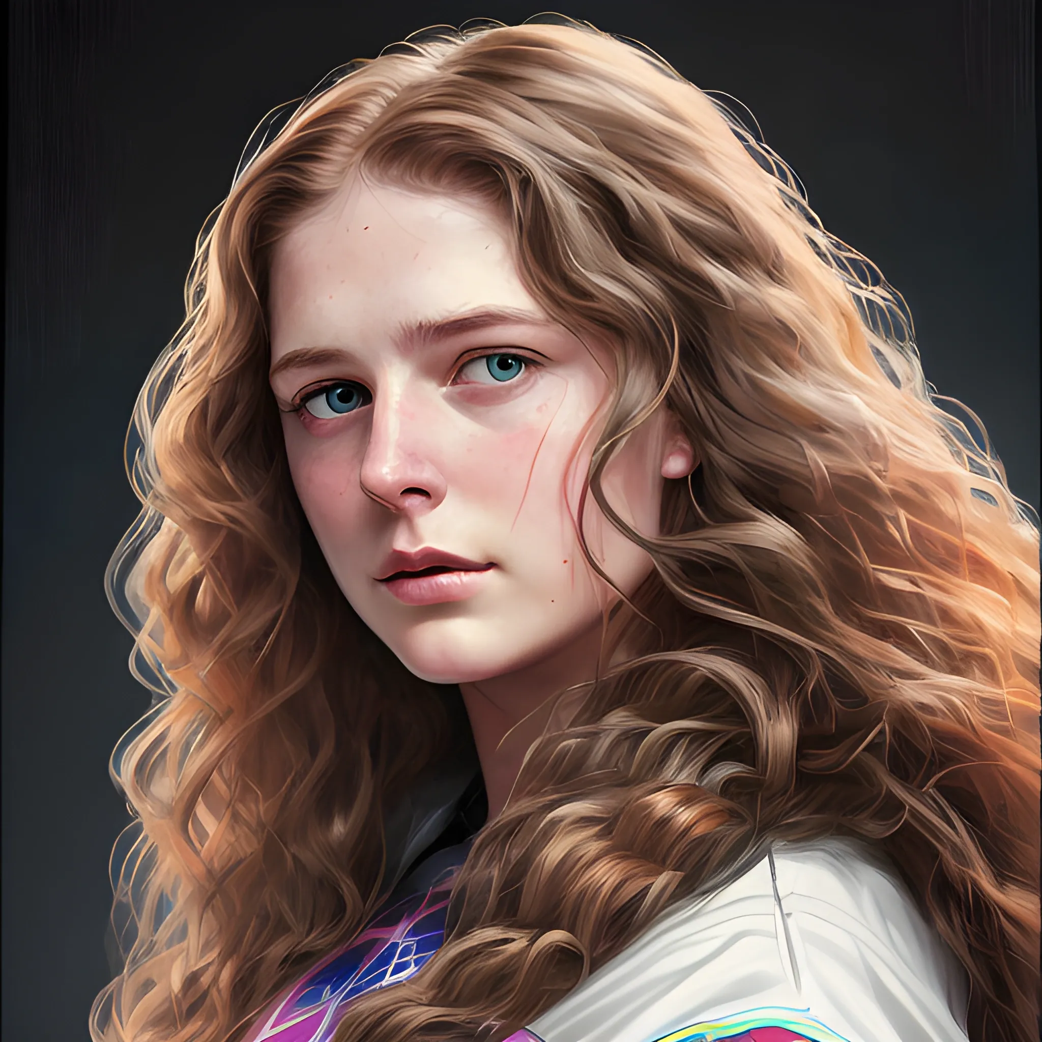 Bure willis portrait, long wavy hair falling over her shoulders, heroic posture, RGB color, ultra detailed, HD, HDR, ISLR,, Oil Painting