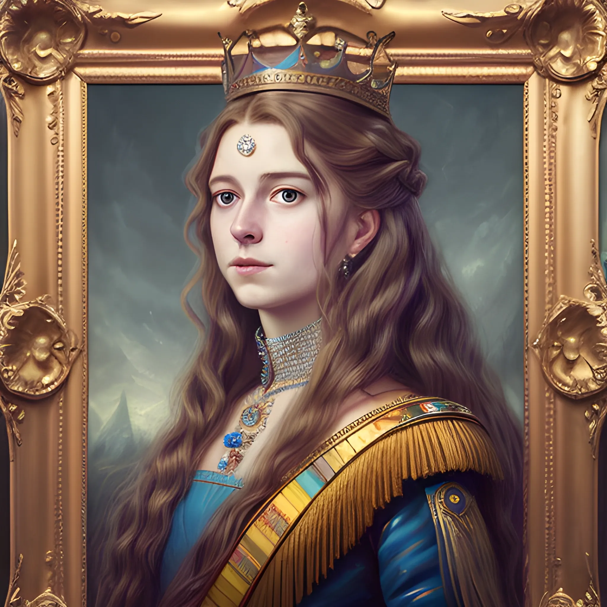 Queen portrait, long wavy hair falling over her shoulders, heroic posture, RGB color, ultra detailed, HD, HDR, ISLR,, Oil Painting