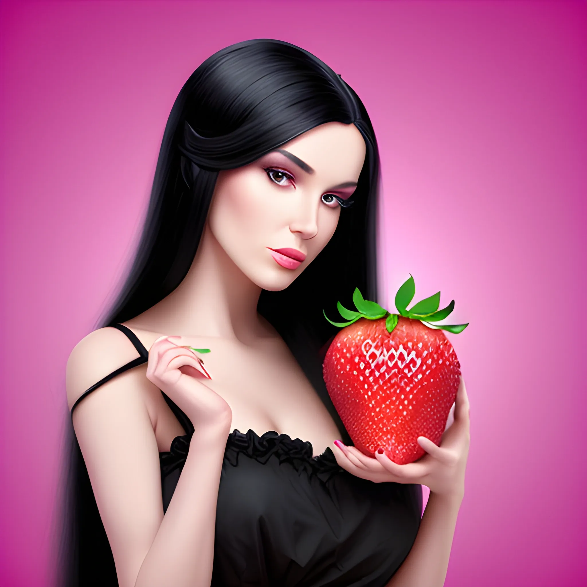 beautiful woman with long black hair wearing a black dress stands on a pink background and eats a large strawberry, 3D