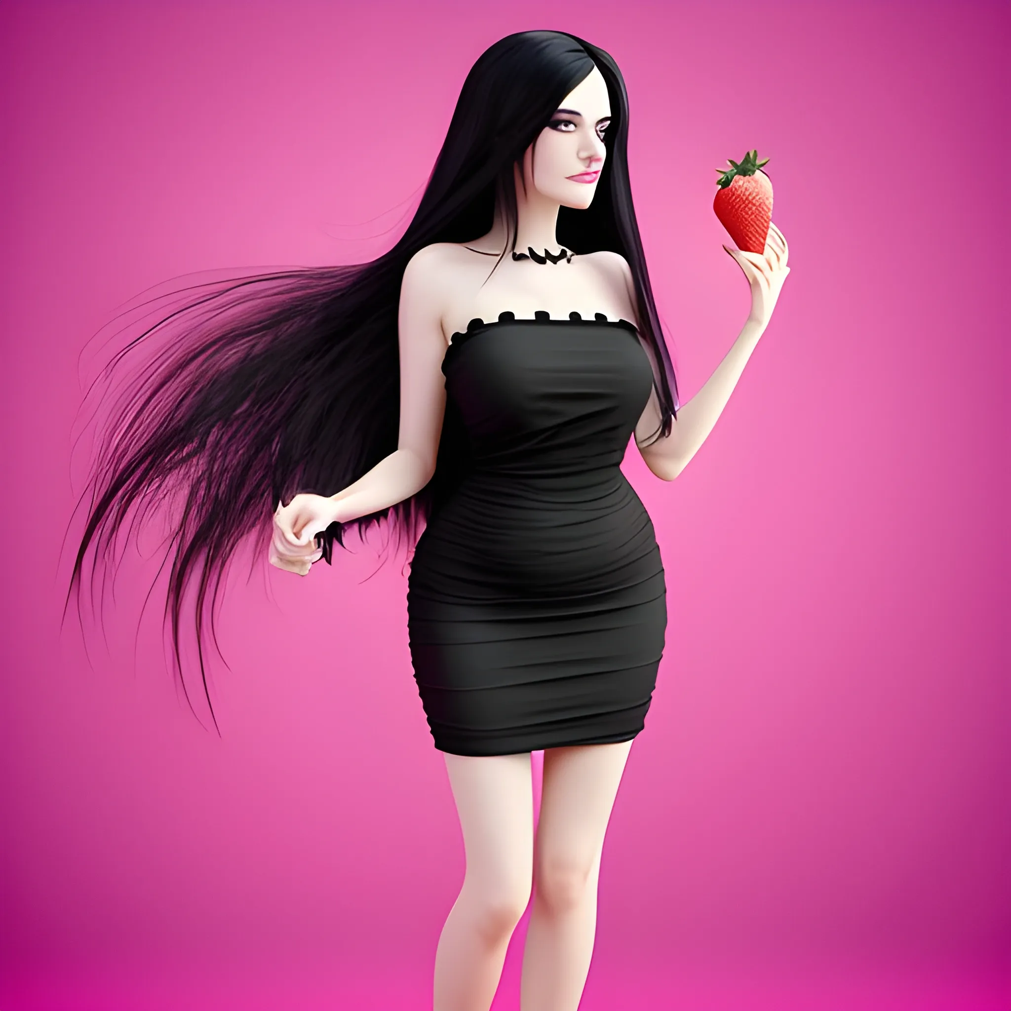 beautiful woman with long black hair wearing a black dress stands on a pink background and eats a large strawberry, 3D long legs sexi