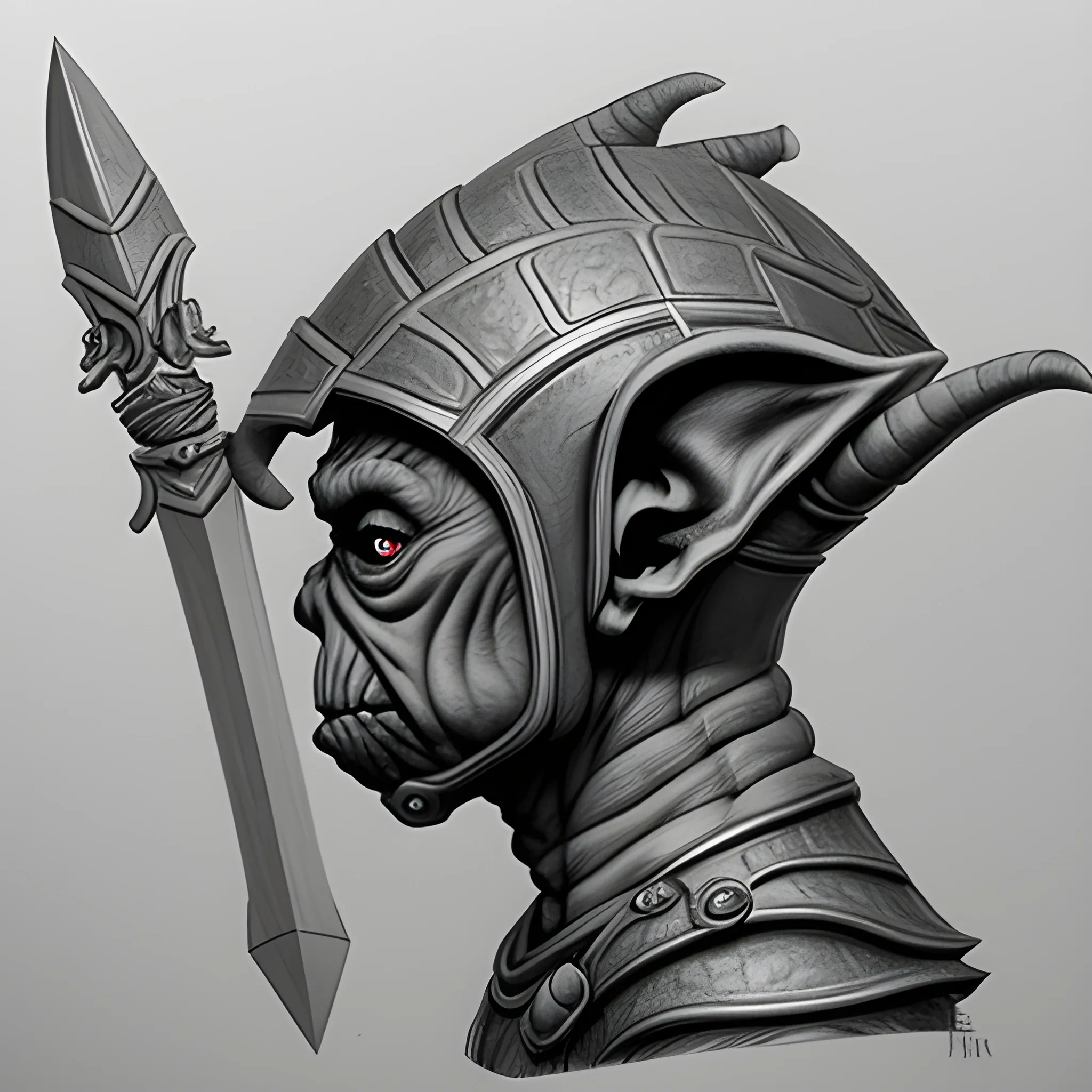 Profile goblin warrior with minimal armor and a sword, Pencil Sketch