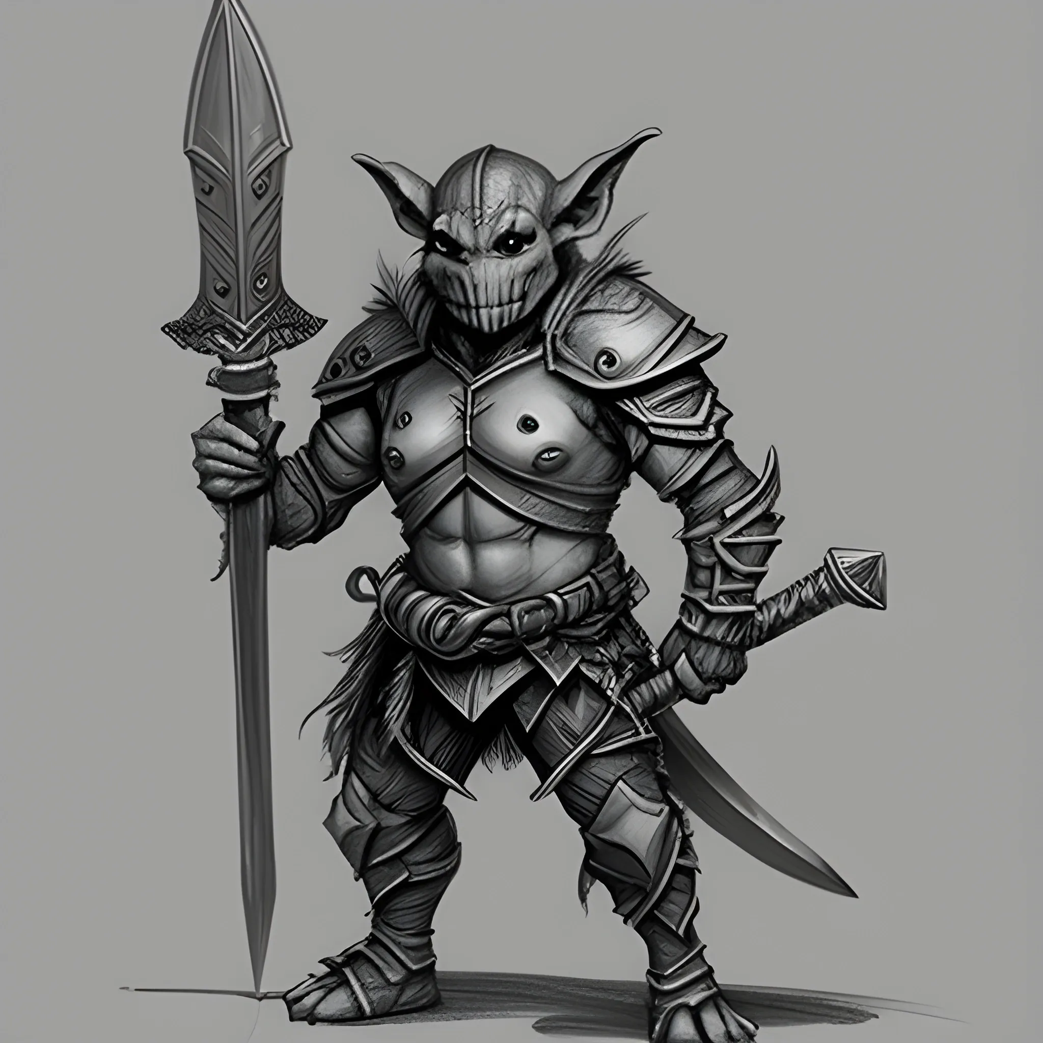 Goblin warrior with minimal armor and a sword, Pencil Sketch