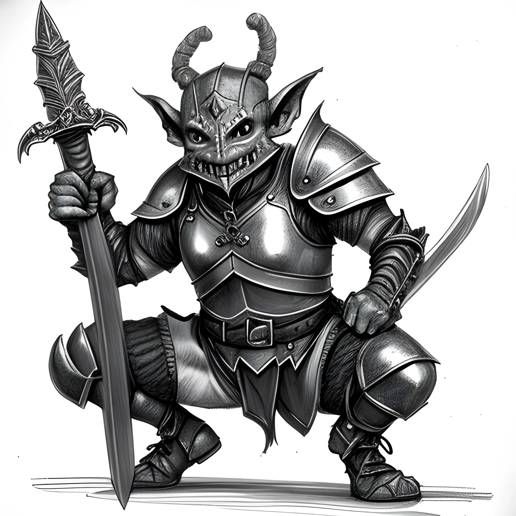 Goblin warrior squatting with leather armor and a sword, Pencil Sketch