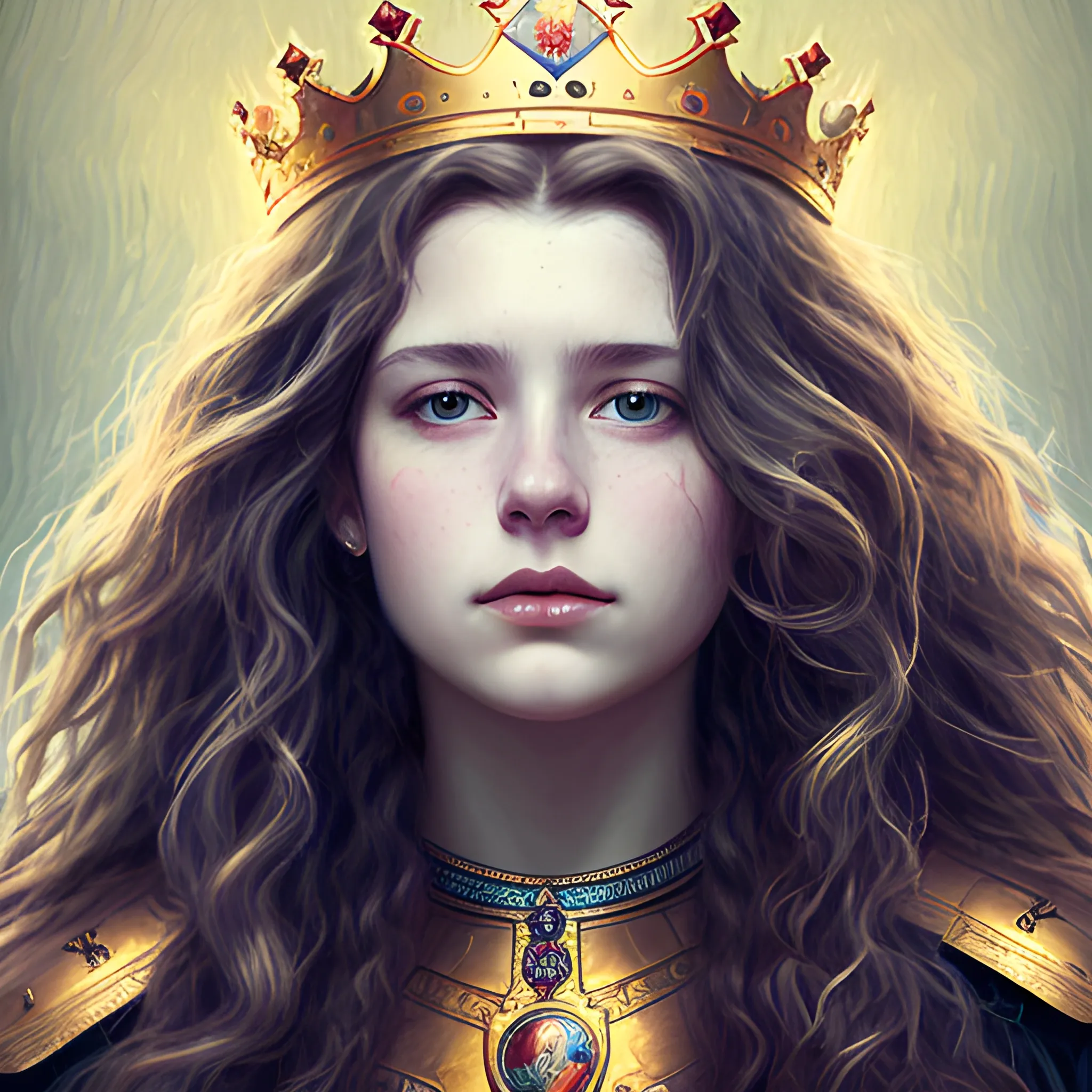 king portrait, long wavy hair falling over her shoulders, heroic posture, RGB color, ultra detailed, HD, HDR, ISLR,, Oil Painting