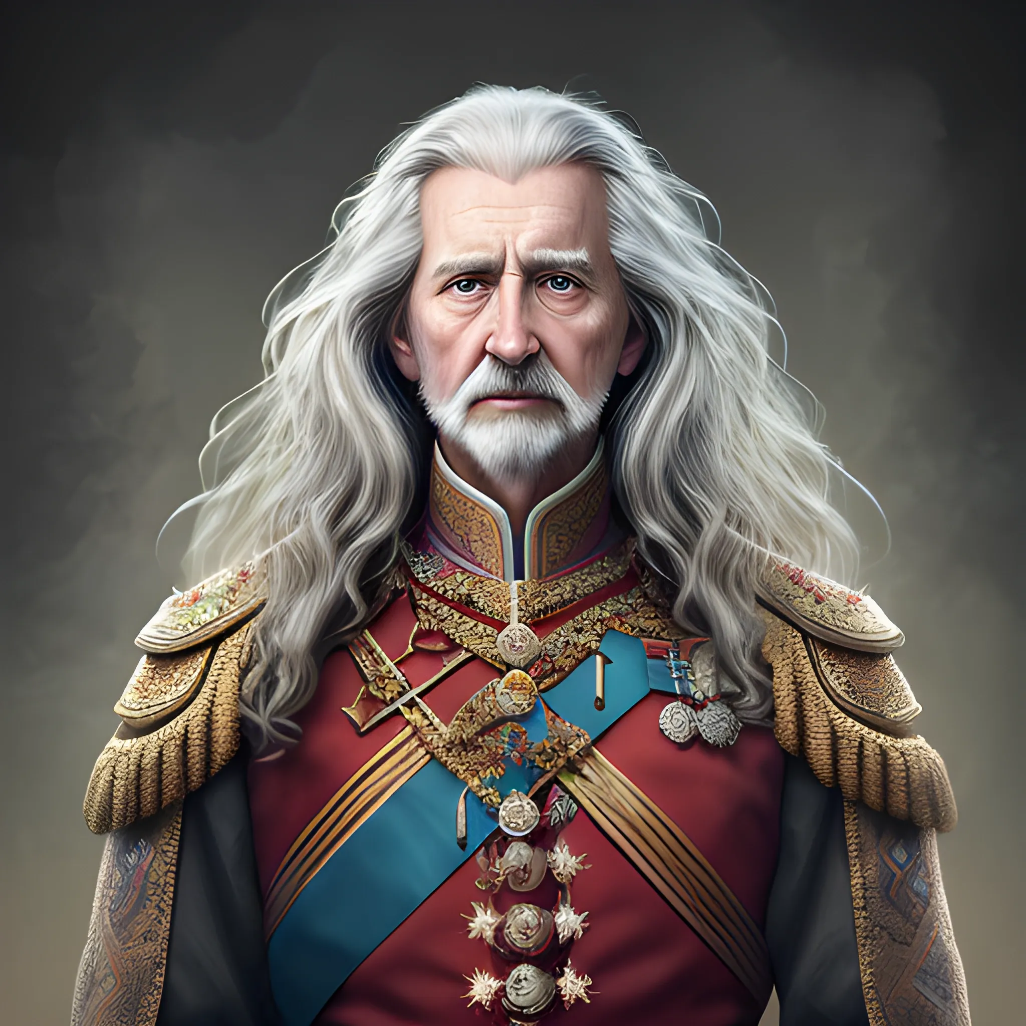 old male king portrait, long wavy hair falling over her shoulders, heroic posture, RGB color, ultra detailed, HD, HDR, ISLR,, Oil Painting