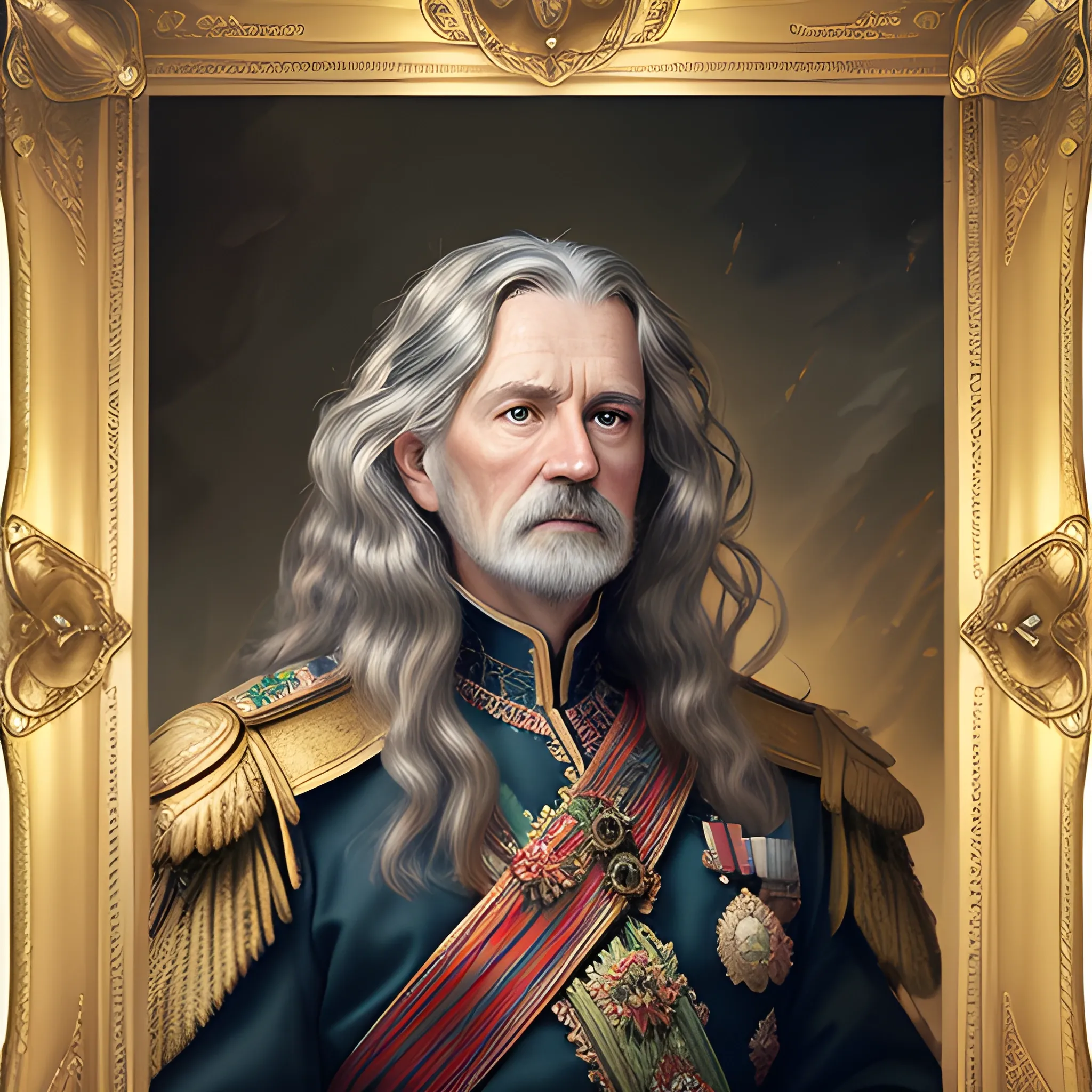 old male king portrait, long wavy hair falling over her shoulders, heroic posture, RGB color, ultra detailed, HD, HDR, ISLR,, Oil Painting in a golden frame