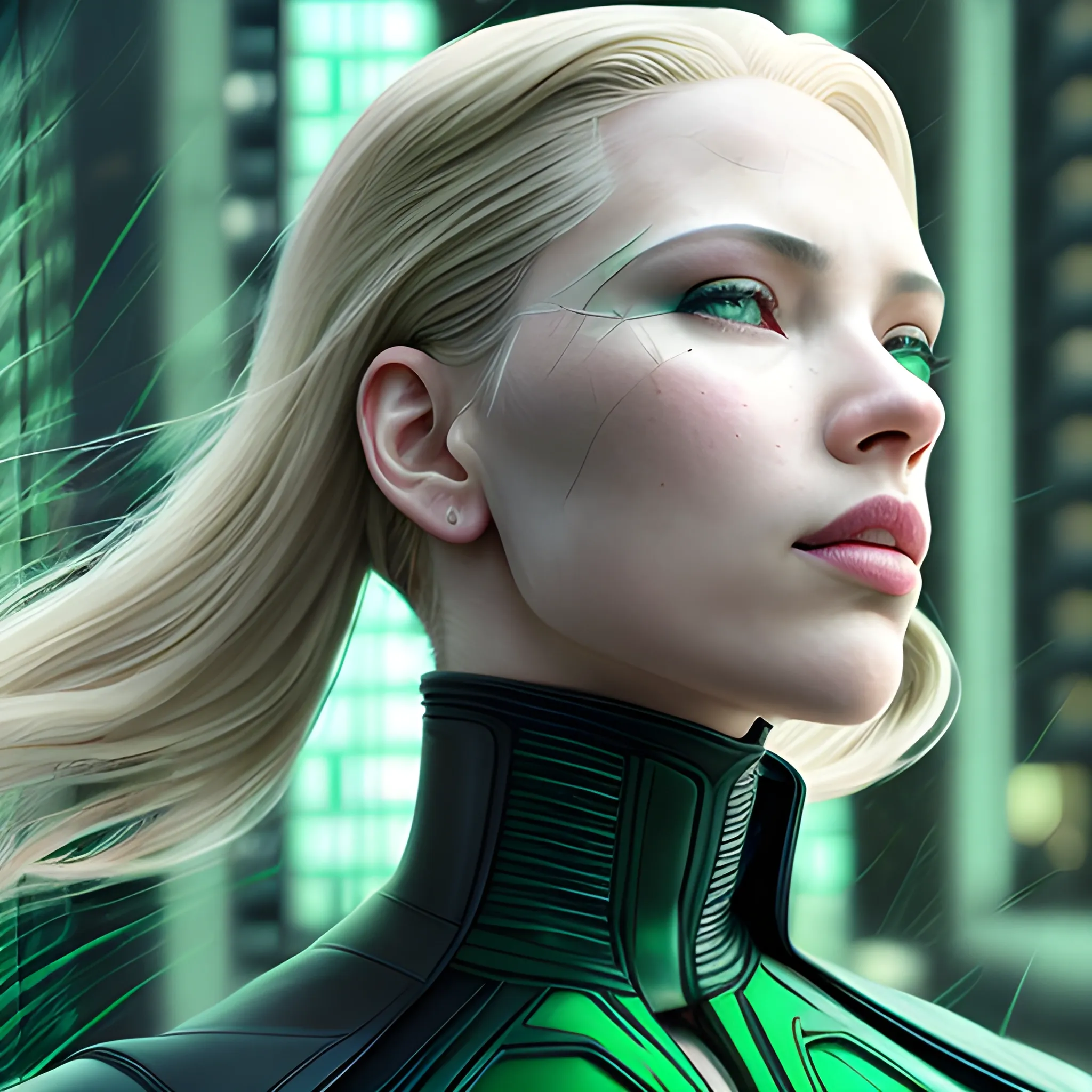 Scarlett Johannsen as Trinity in Matrix is running on a rooftop, green tones, solemn and elegant, professional photography, best quality, ultra high res, photorealistic, very detailed, very fine hair, detailed skin, HD, photorealistic, brilliant teeth, Pencil Sketch