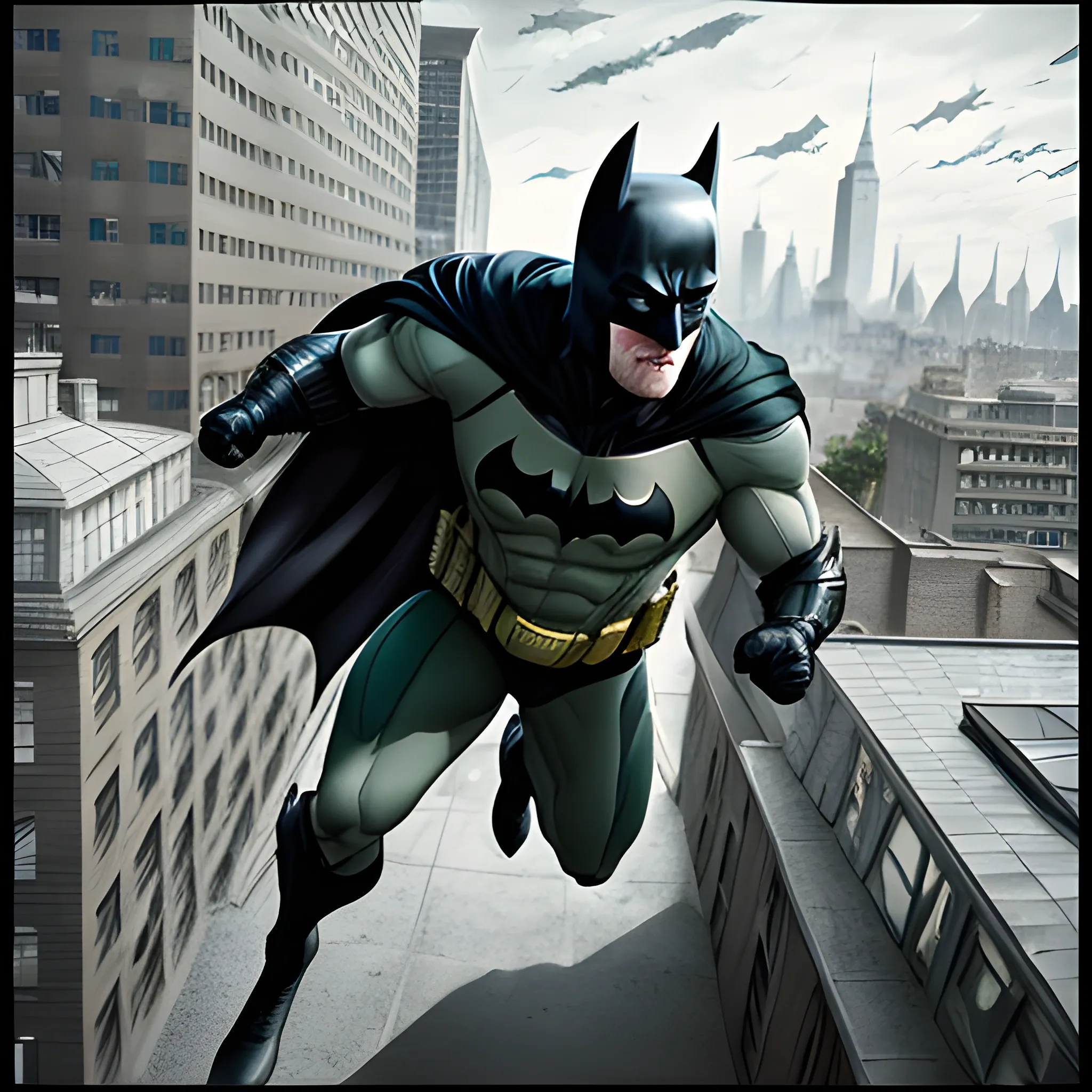 batman is running on a rooftop, green tones, solemn and elegant, professional photography, best quality, ultra high res, photorealistic, very detailed, very fine hair, detailed skin, HD, photorealistic, brilliant teeth, Pencil Sketch, Trippy