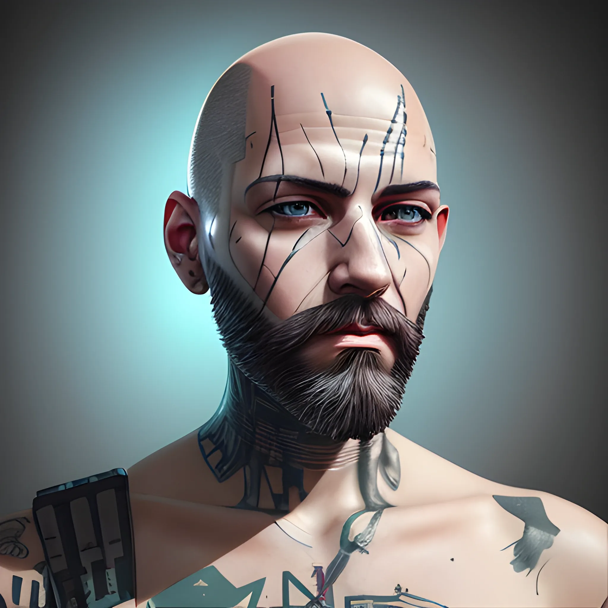 bald shaved hair, with full beard, cyberpunk, Best quality, masterpiece, ultra high res,(photo realistic:1.4), surrealism, dream-like,credenza,Mr_MC_S-ART_V1, <lora:Mr_MC_S-ART_V1:0.9>