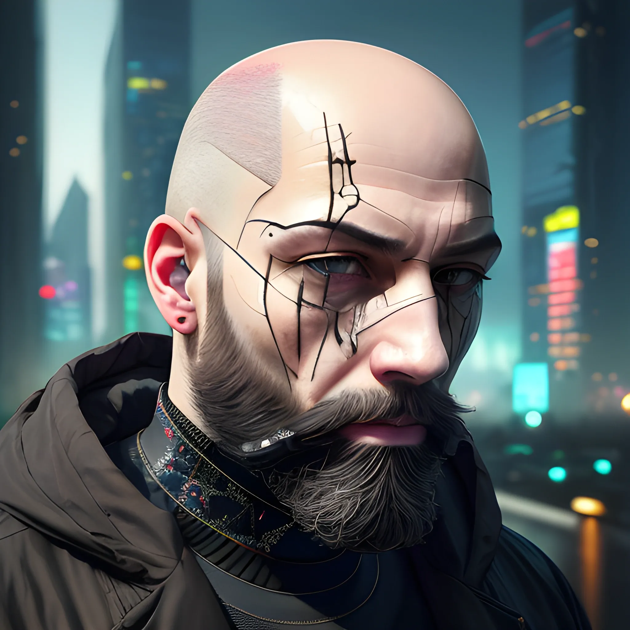 bald shaved hair, with full beard, cyberpunk, jacket, Best quality, masterpiece, ultra high res,(photo realistic:1.4), surrealism, dream-like,credenza,Mr_MC_S-ART_V1, <lora:Mr_MC_S-ART_V1:0.9>