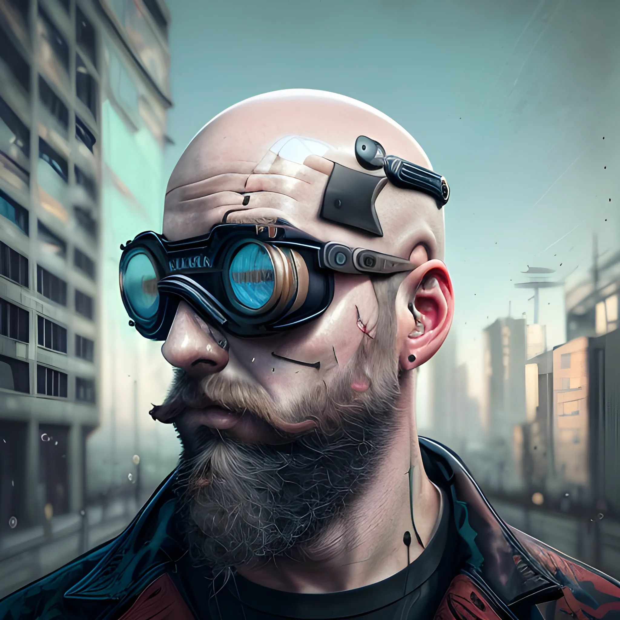 bald, goggles, tools, cyberpunk, beard, Best quality, masterpiece, ultra high res,(photo realistic:1.4), surrealism, dream-like,credenza,Mr_MC_S-ART_V1, <lora:Mr_MC_S-ART_V1:0.9>