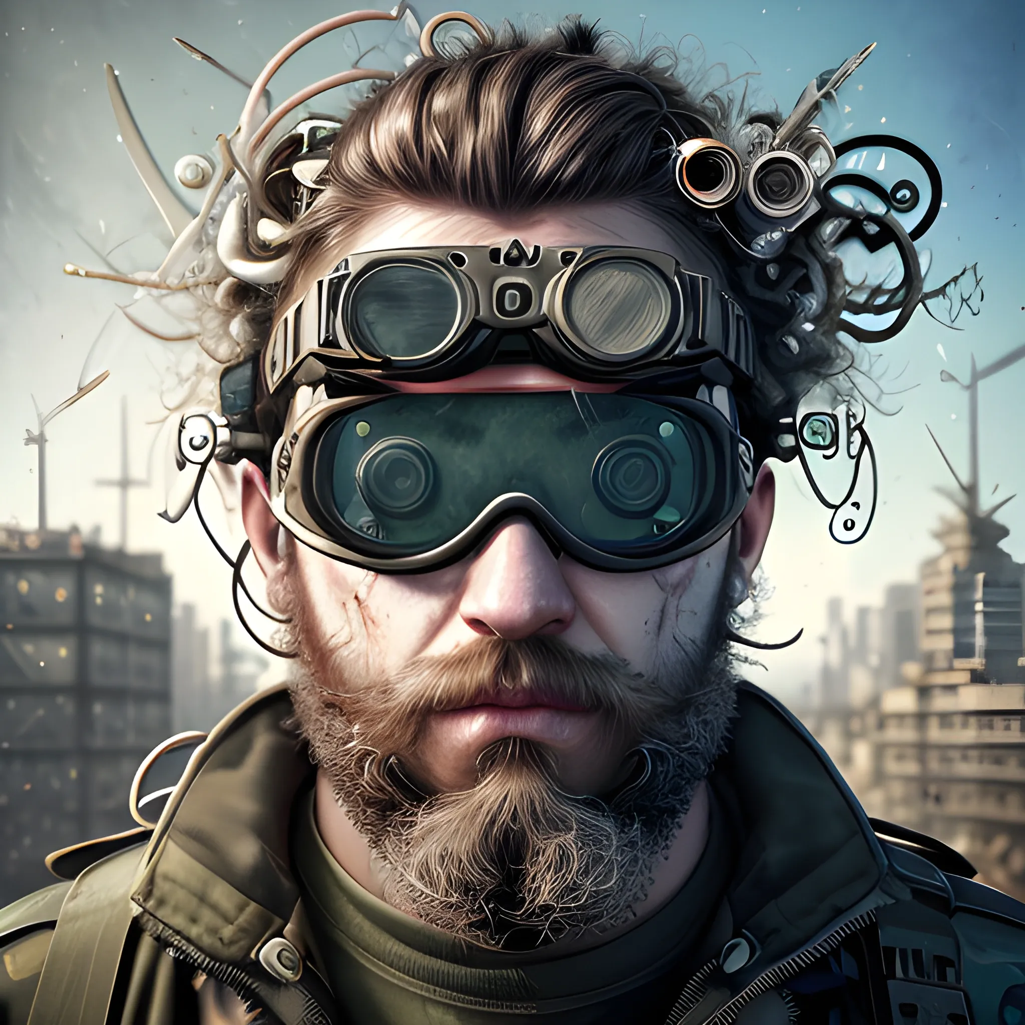 wild hair, goggles, soldier, tools, cyberpunk, beard, Best quality, masterpiece, ultra high res,(photo realistic:1.4), surrealism, dream-like,credenza,Mr_MC_S-ART_V1, <lora:Mr_MC_S-ART_V1:0.9>