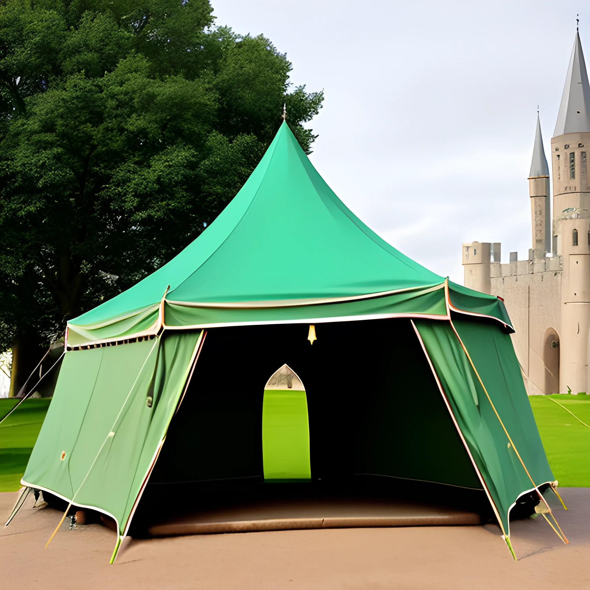 medival tent in front of a big medival city
