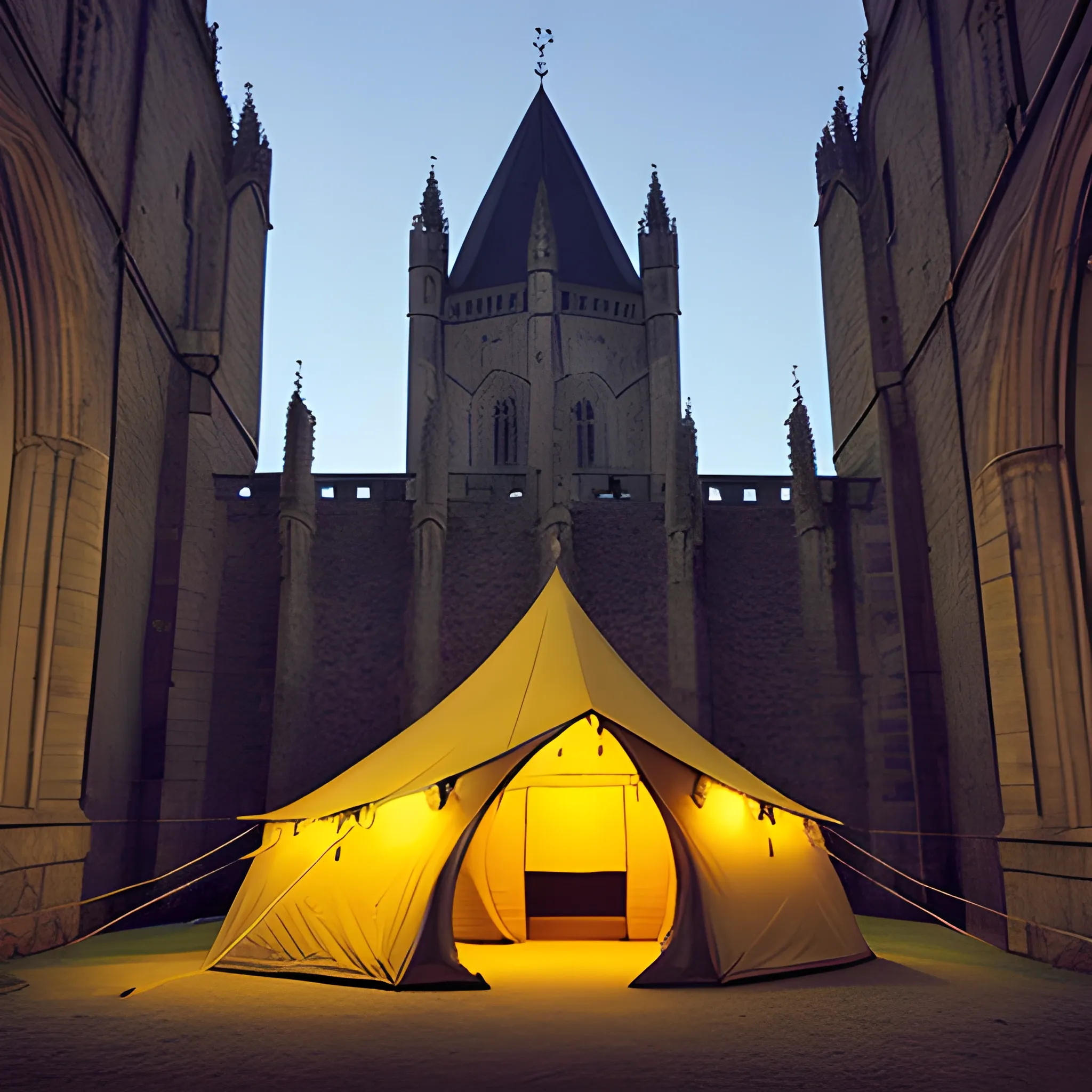 closed medival tent in front of a big high medival city
