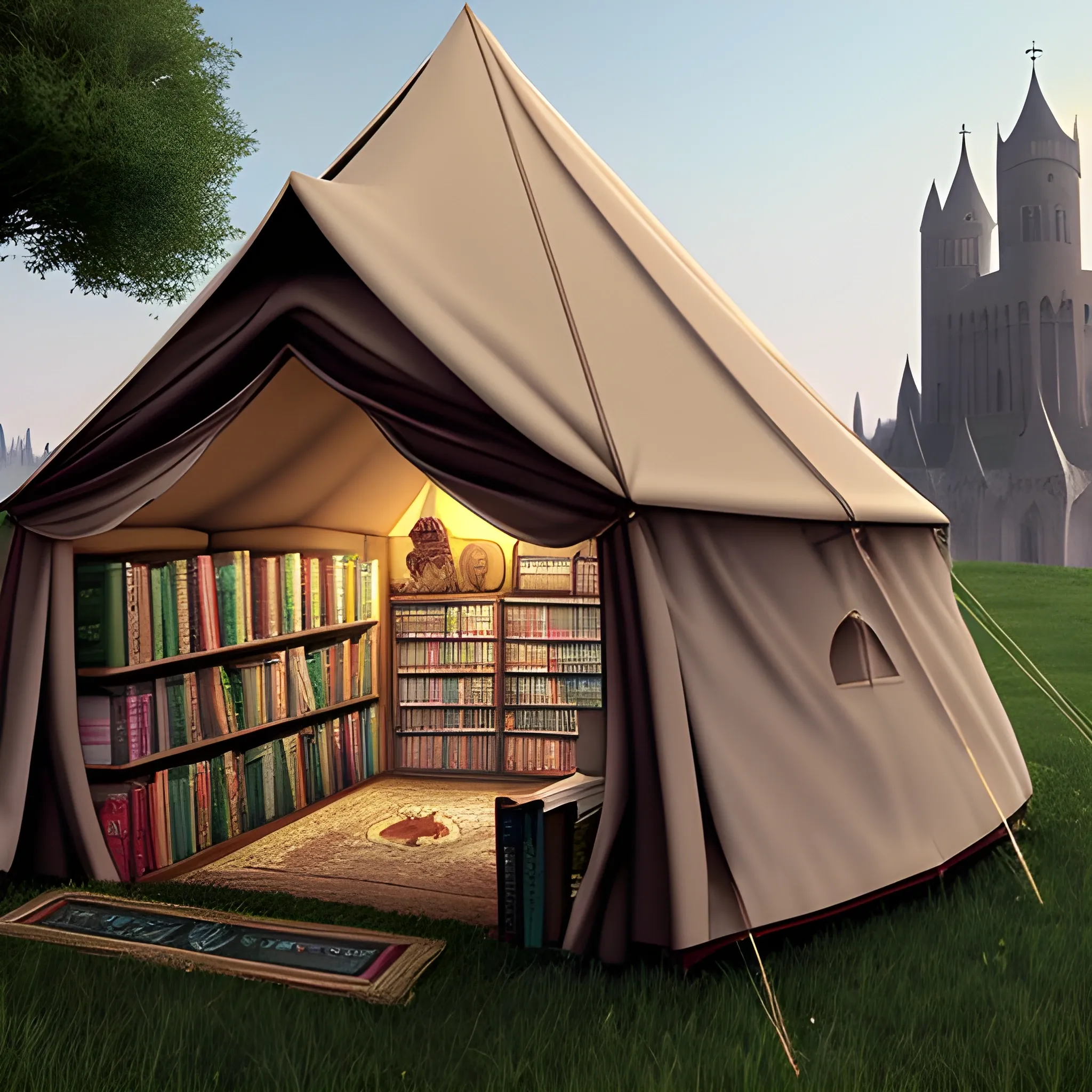 closed medival tent whit a lot of books in front of a big high medival city and a gnome

