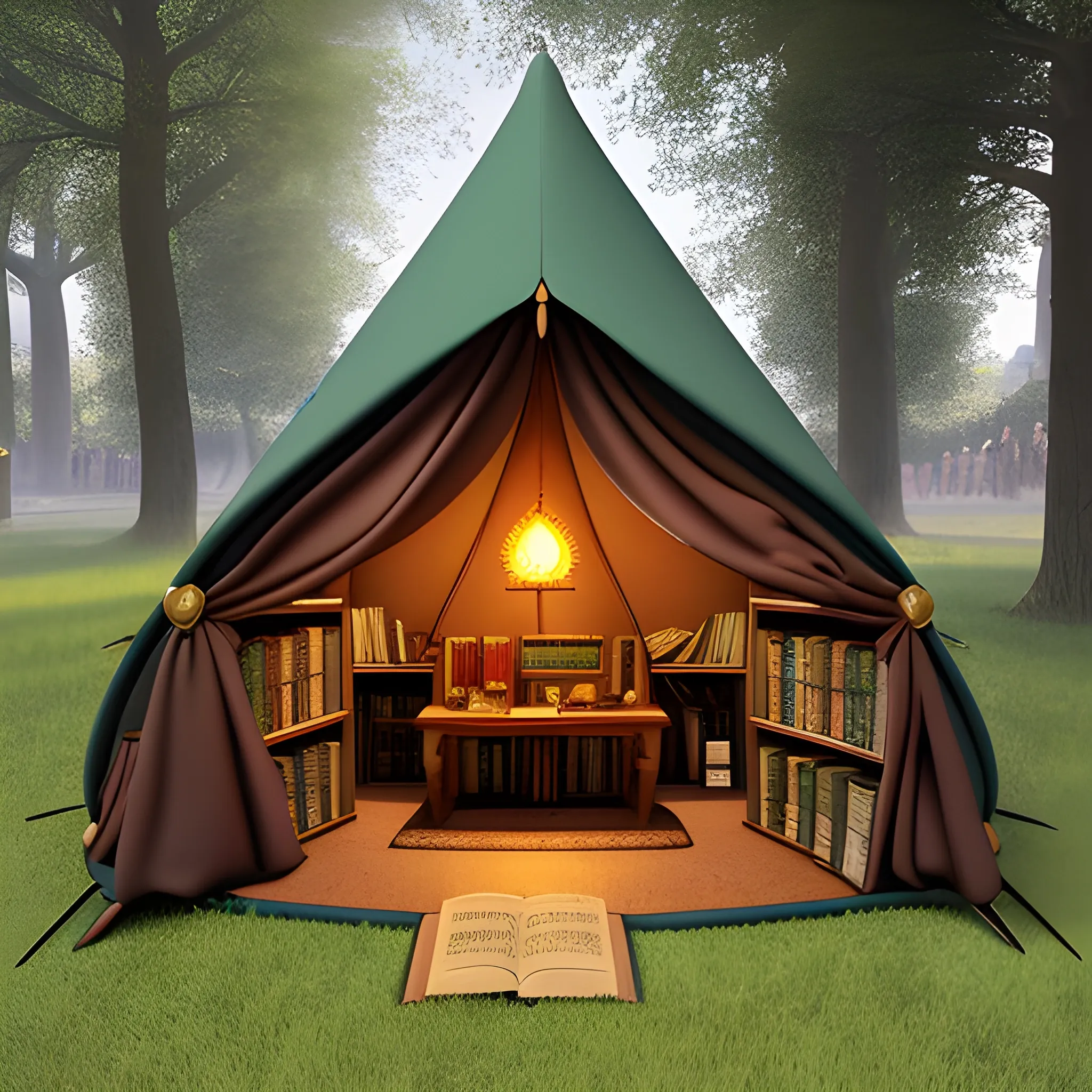 closed medival tent with a library, in front of a big high medival city and a gnome. Inside is bigger then the outside

