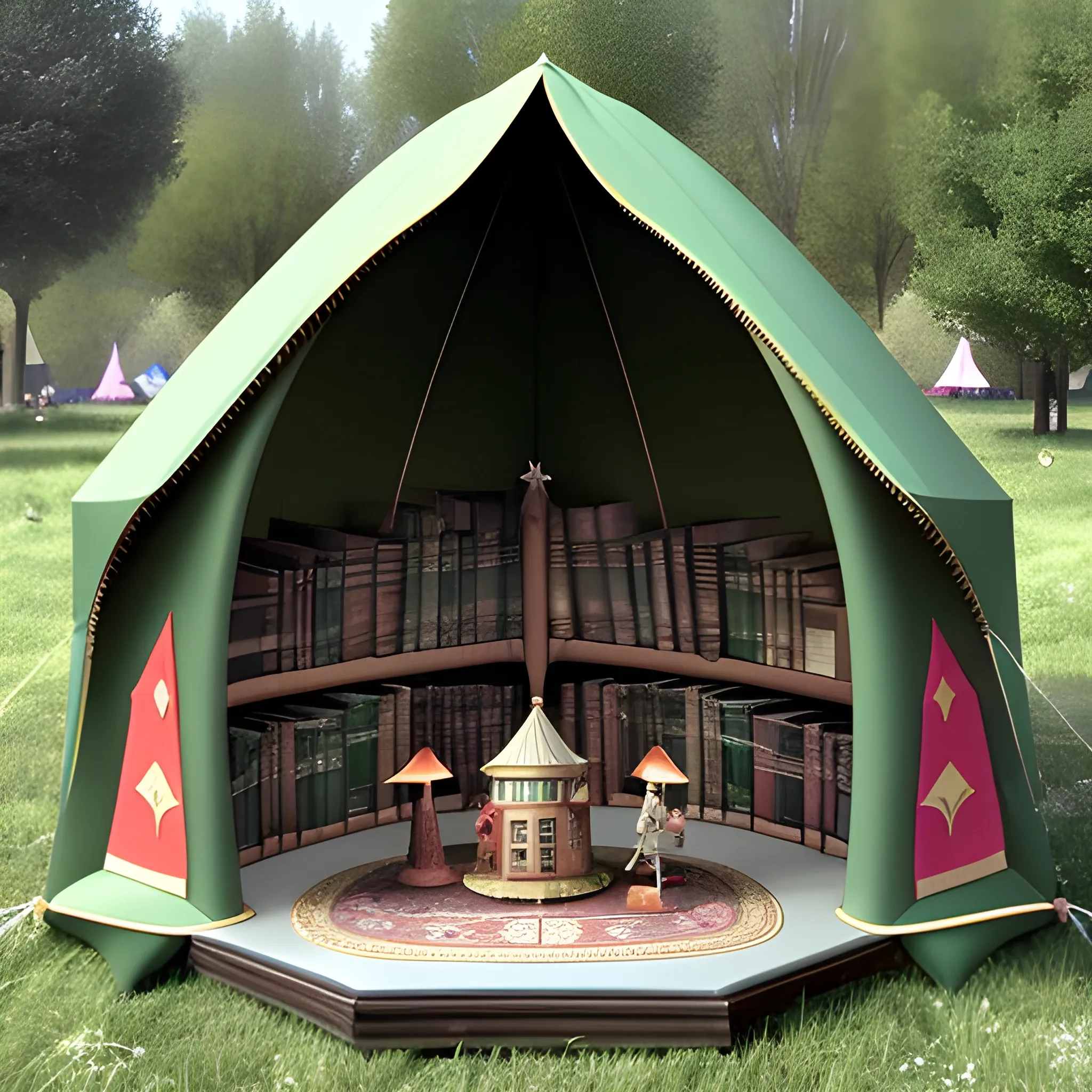 closed medival tent with a library, in front of a big high medival city and a gnome. by magic the Inside is bigger then the outside

