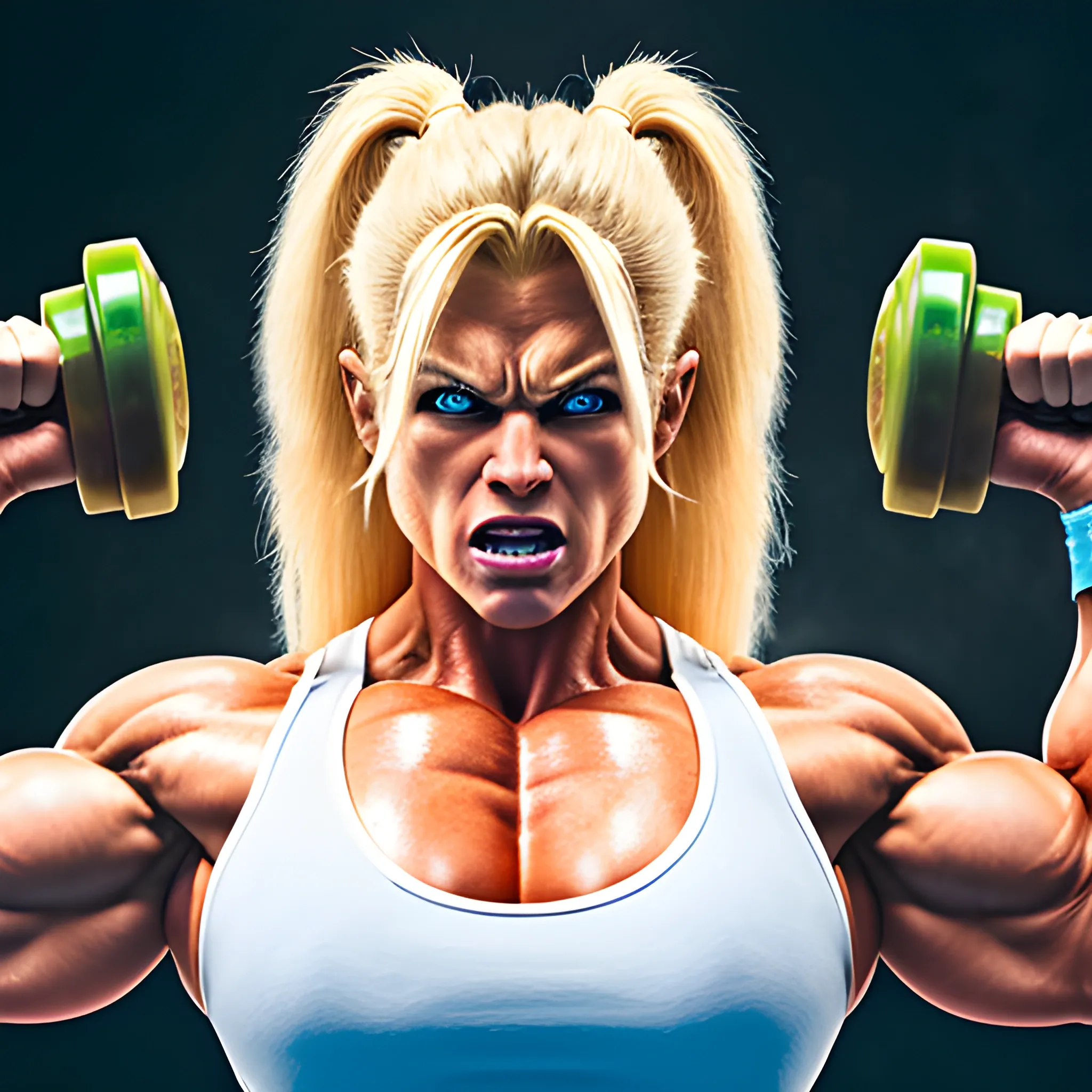 Abnormally massive Female bodybuilder with with super human strength, with blonde hair, raging out of control like hulk, curling in gym