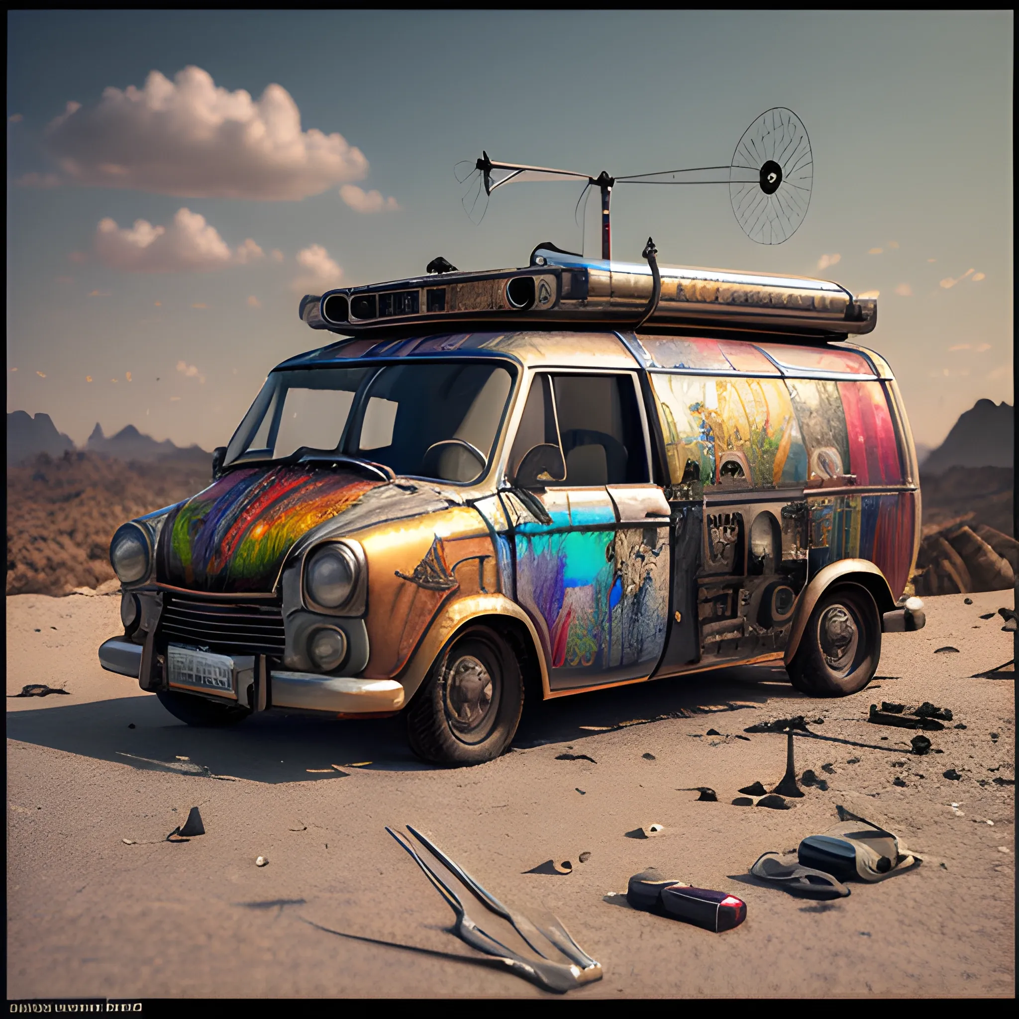 man, nomad, van, tools, cyberpunk, antenna, Best quality, masterpiece, ultra high res,(photo realistic:1.4), surrealism, dream-like,credenza,Mr_MC_S-ART_V1, <lora:Mr_MC_S-ART_V1:0.9>