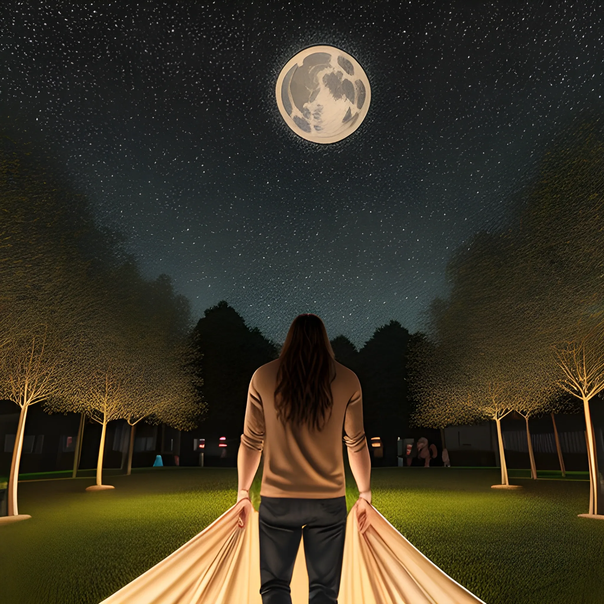 Realistic drawing of a man with long brown hair and classic clothing, with his back turned, in front of an artificially illuminated playground without children, at night, with a bright moon in the starry sky, a play hammock in the background, at night
