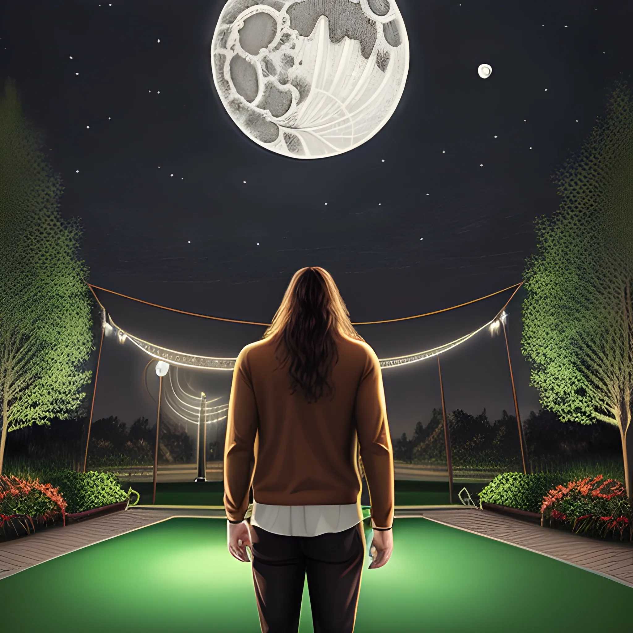 Realistic drawing of a man with long brown hair and classic clothing, with his back turned, in front of an artificially illuminated playground without children, at night, with a bright moon in the starry sky, a play hammock in the background, at night
